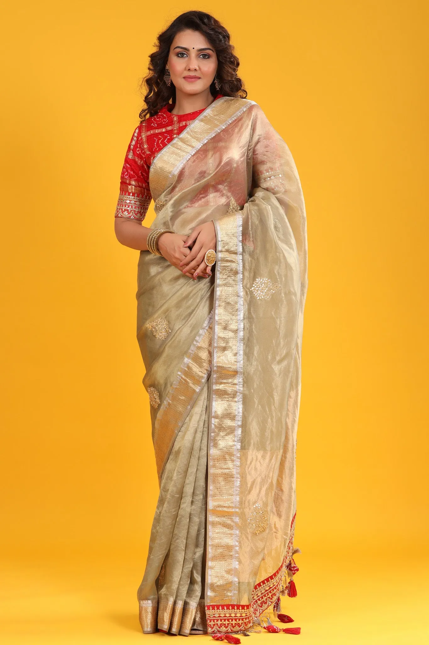 90Z624-RO Beige Golden Organza Banarasi Sari with Zari Border