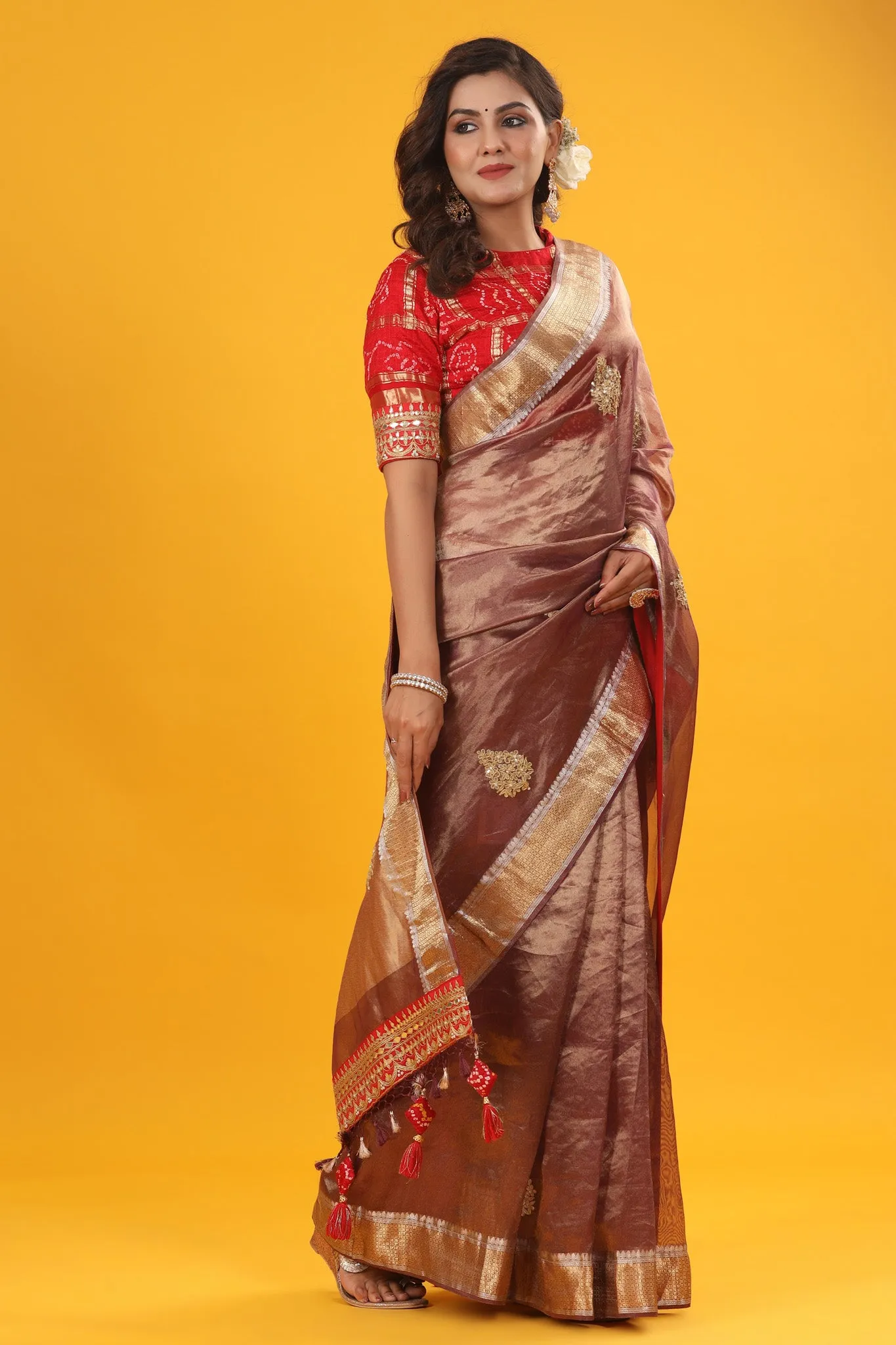 90Z627-RO Copper Embroidered Organza Banarasi Saree with Zari Border