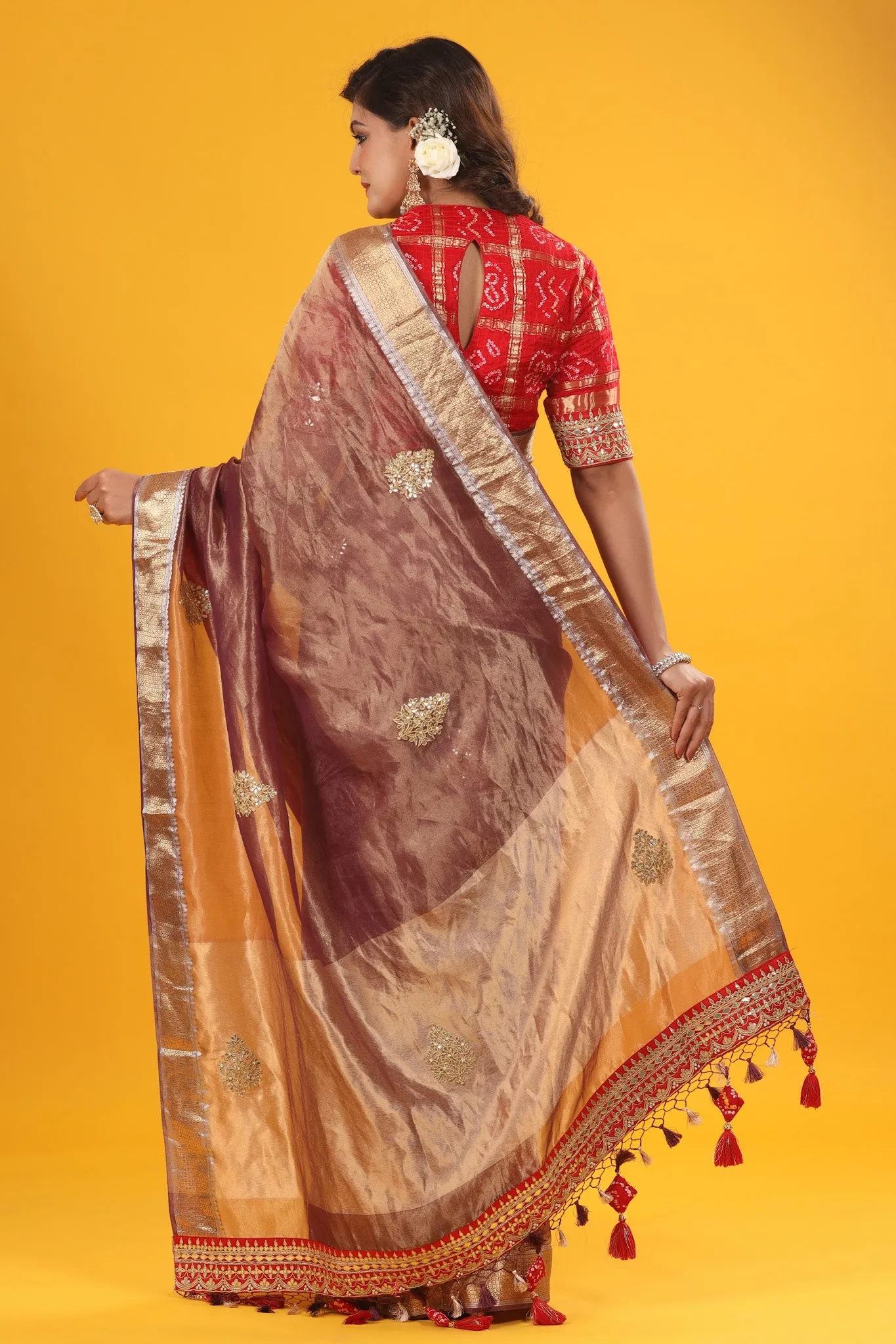 90Z627-RO Copper Embroidered Organza Banarasi Saree with Zari Border