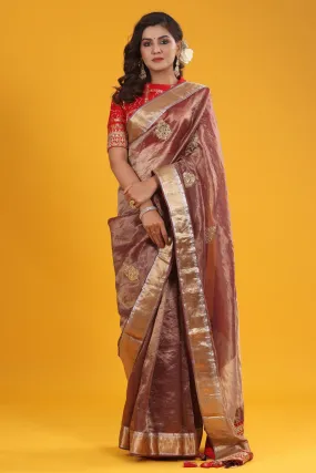 90Z627-RO Copper Embroidered Organza Banarasi Saree with Zari Border