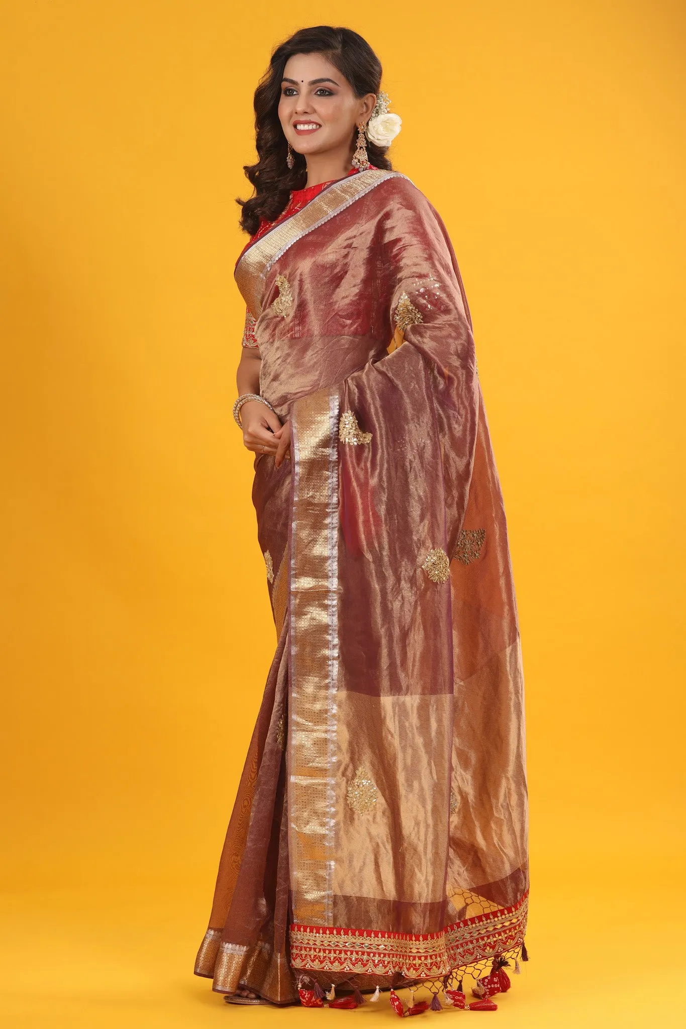 90Z627-RO Copper Embroidered Organza Banarasi Saree with Zari Border