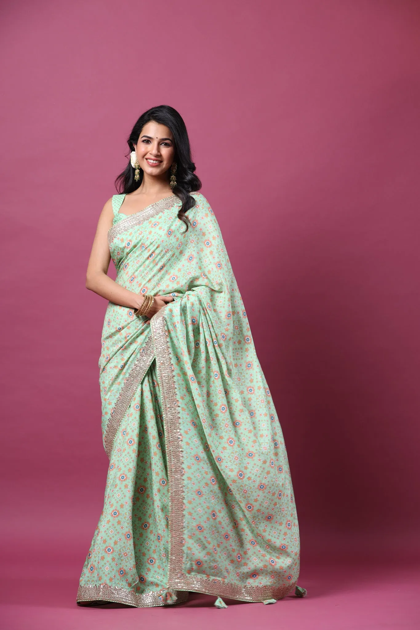 90Z662-RO Mint Green Mulberry Silk Saree with Embroidered Border