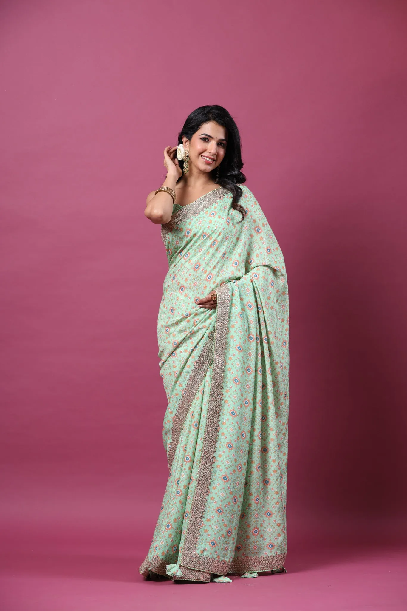 90Z662-RO Mint Green Mulberry Silk Saree with Embroidered Border