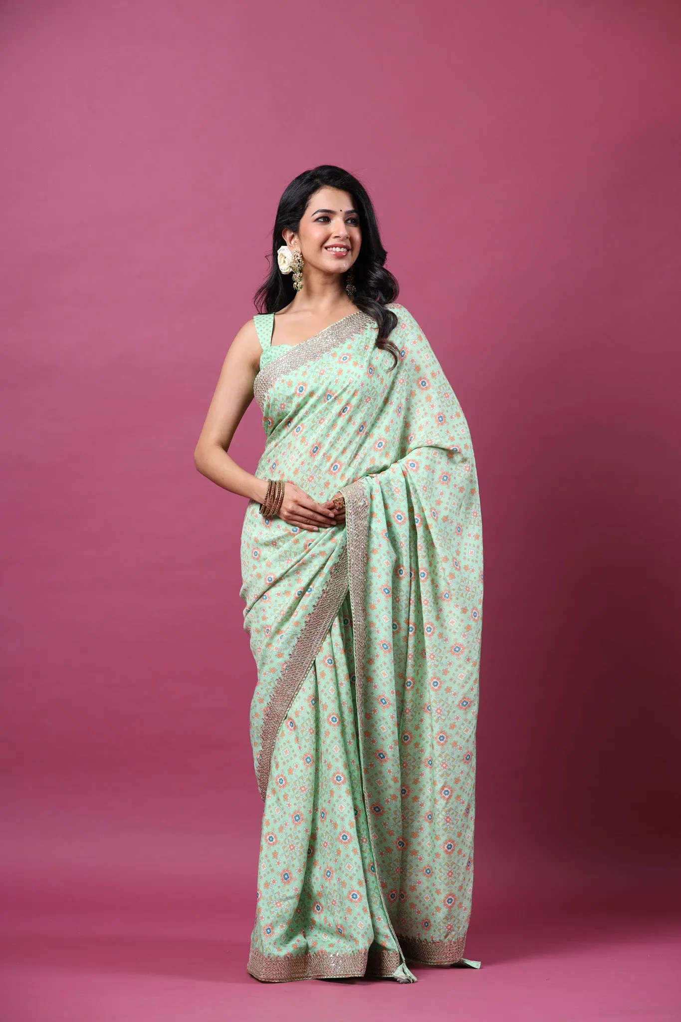 90Z662-RO Mint Green Mulberry Silk Saree with Embroidered Border