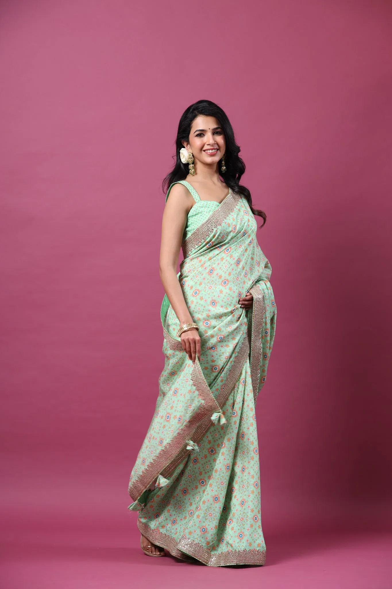 90Z662-RO Mint Green Mulberry Silk Saree with Embroidered Border