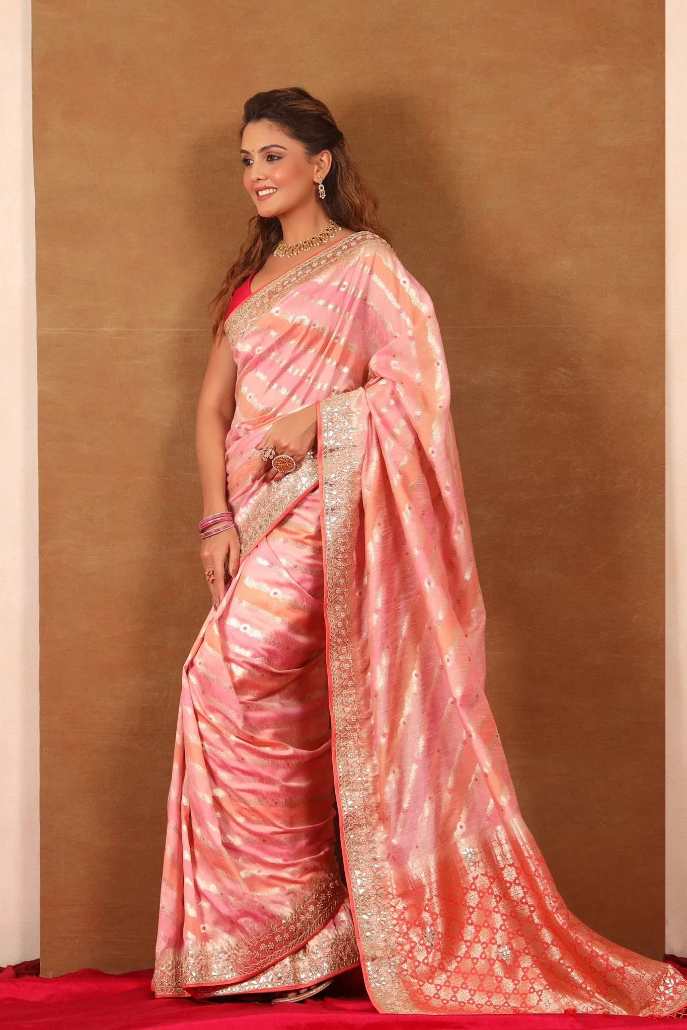 90Z726-NRO Pastel Pink and Peach Embroidered Georgette Banarasi Sari