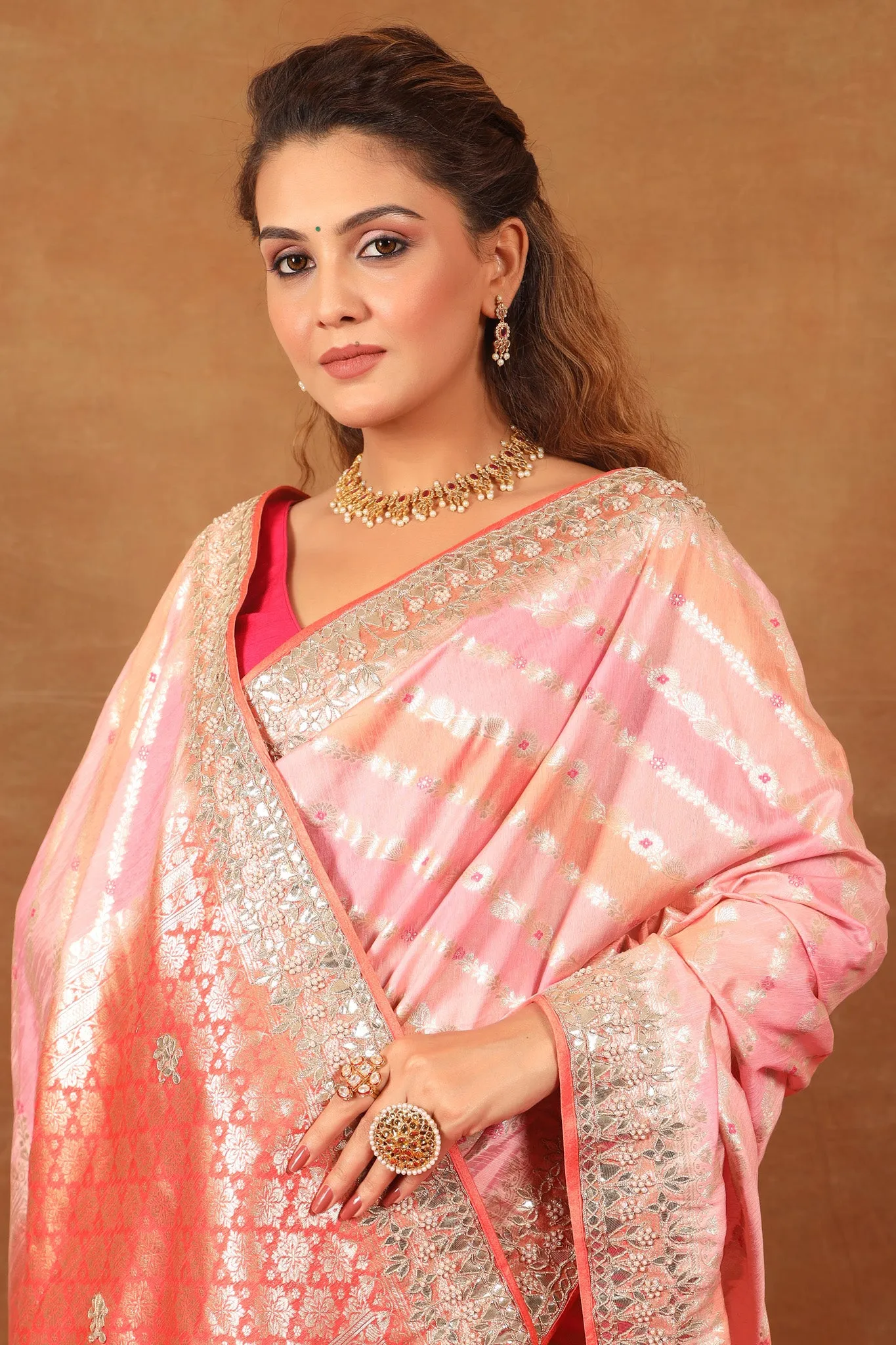 90Z726-NRO Pastel Pink and Peach Embroidered Georgette Banarasi Sari