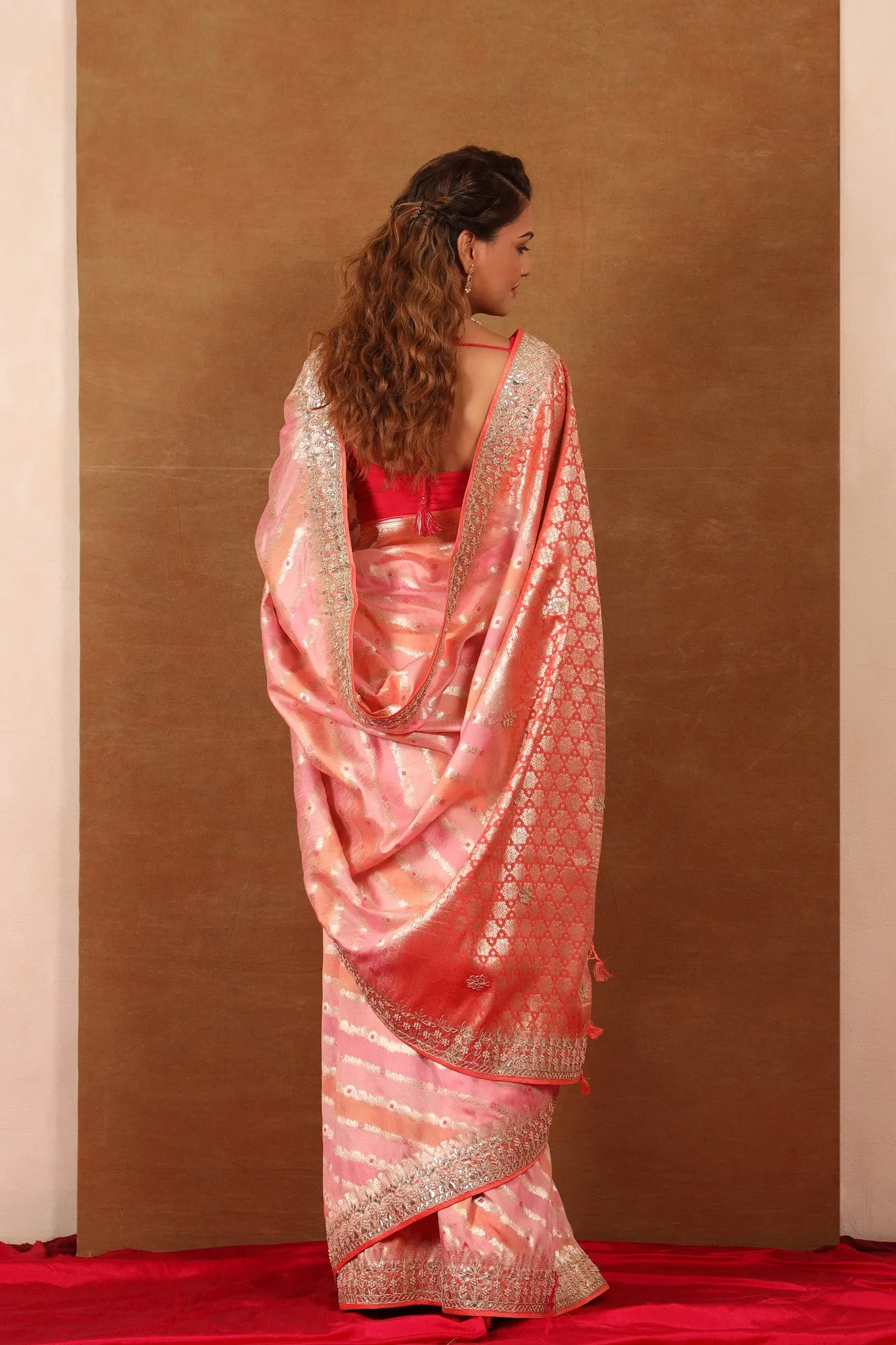 90Z726-NRO Pastel Pink and Peach Embroidered Georgette Banarasi Sari