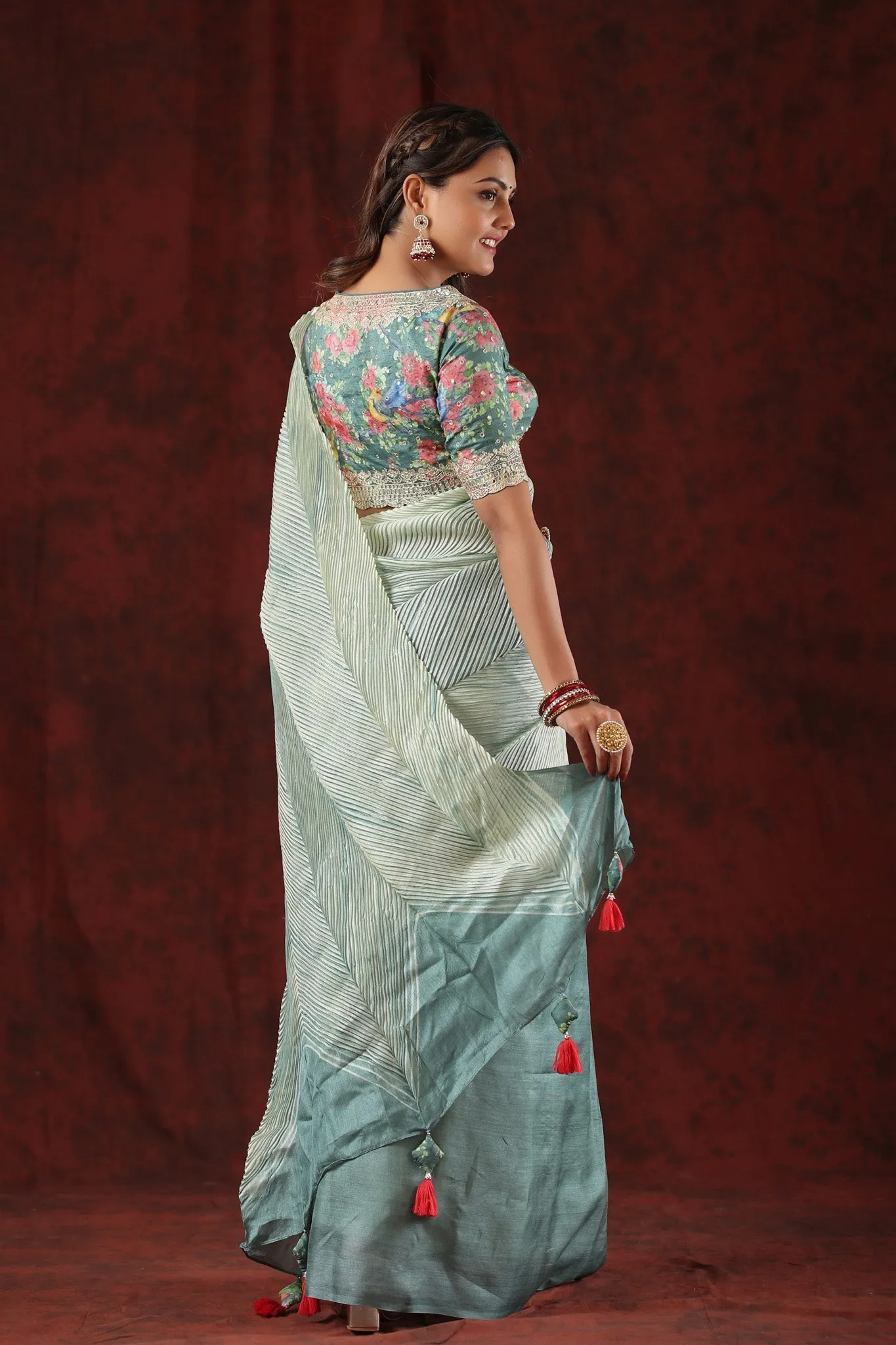 90Z811-RO Grey Stripes Tussar Silk Saree with Floral Saree Blouse