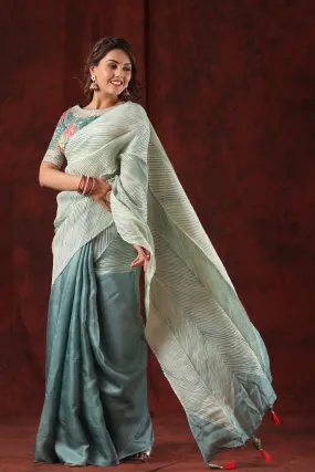 90Z811-RO Grey Stripes Tussar Silk Saree with Floral Saree Blouse