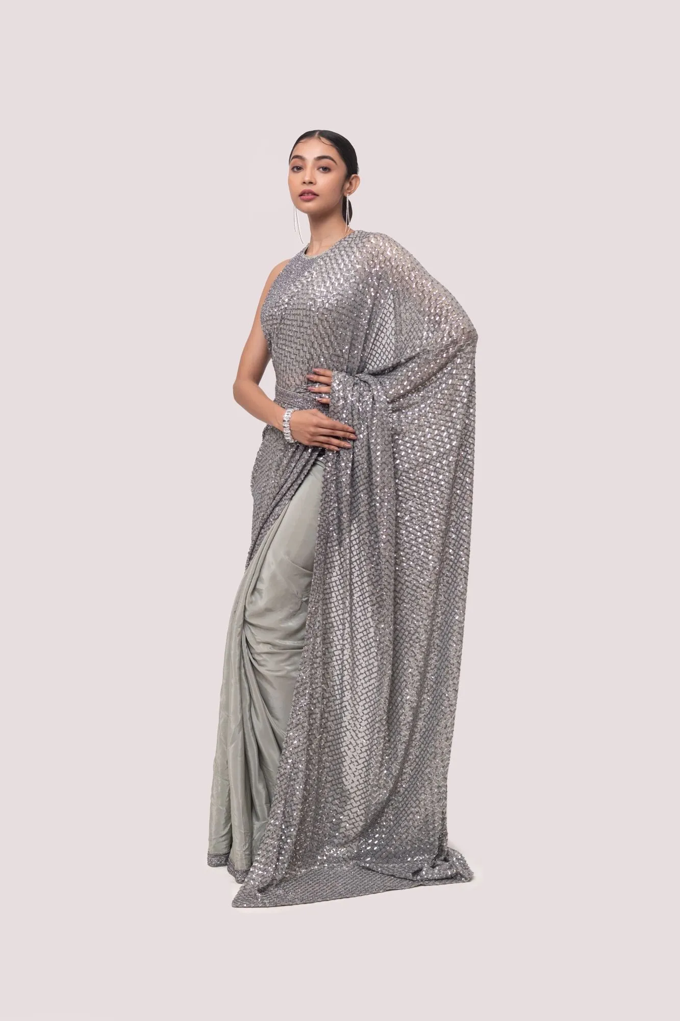 90Z840-RO Silver Crape Embroidered Saree with Blouse