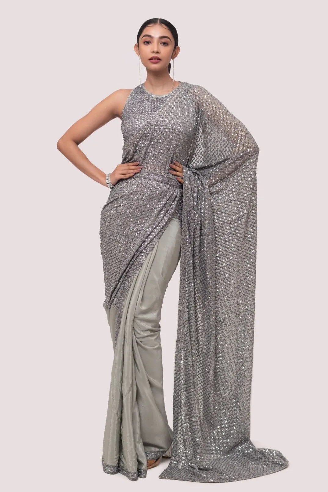 90Z840-RO Silver Crape Embroidered Saree with Blouse