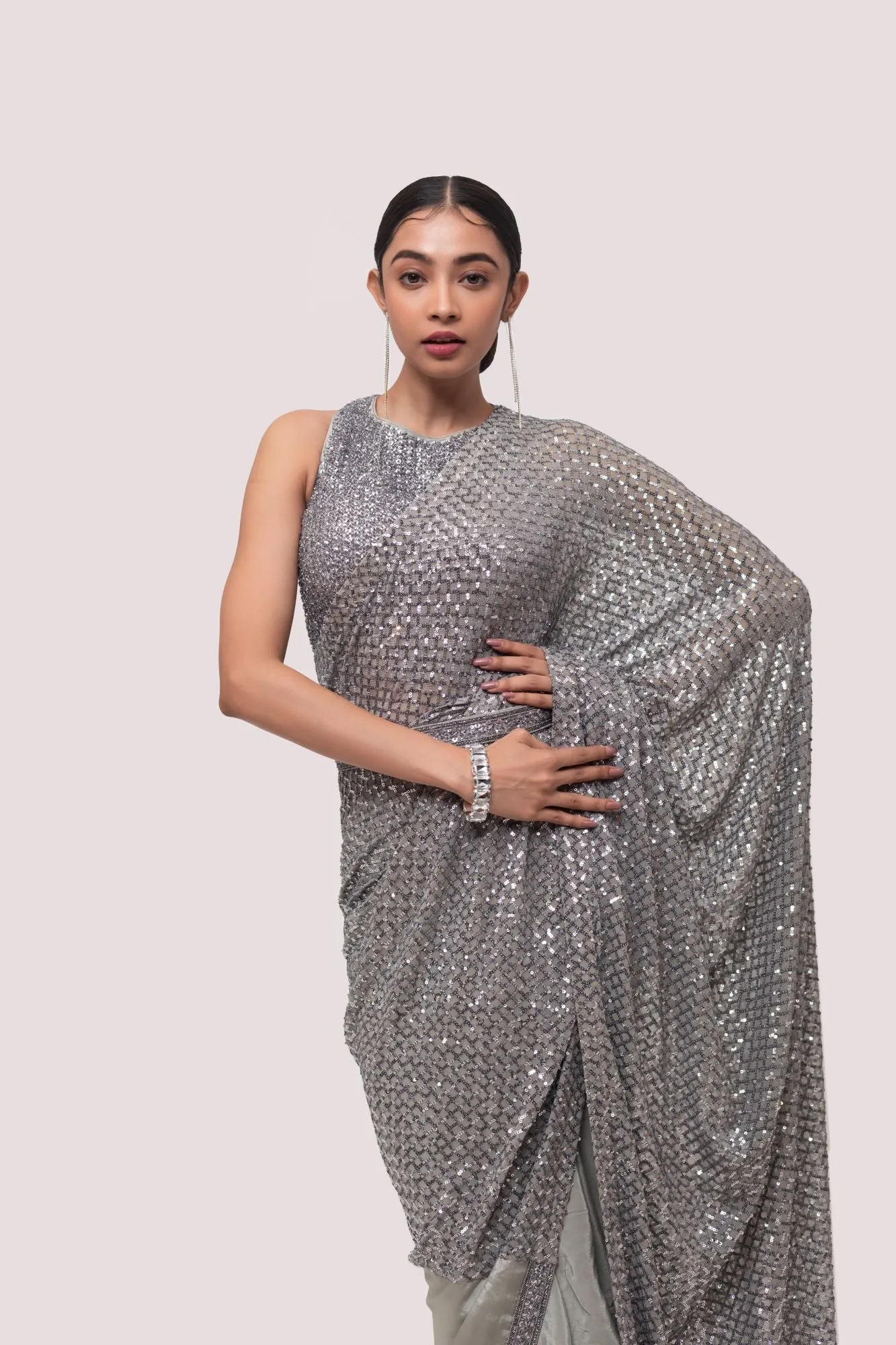 90Z840-RO Silver Crape Embroidered Saree with Blouse