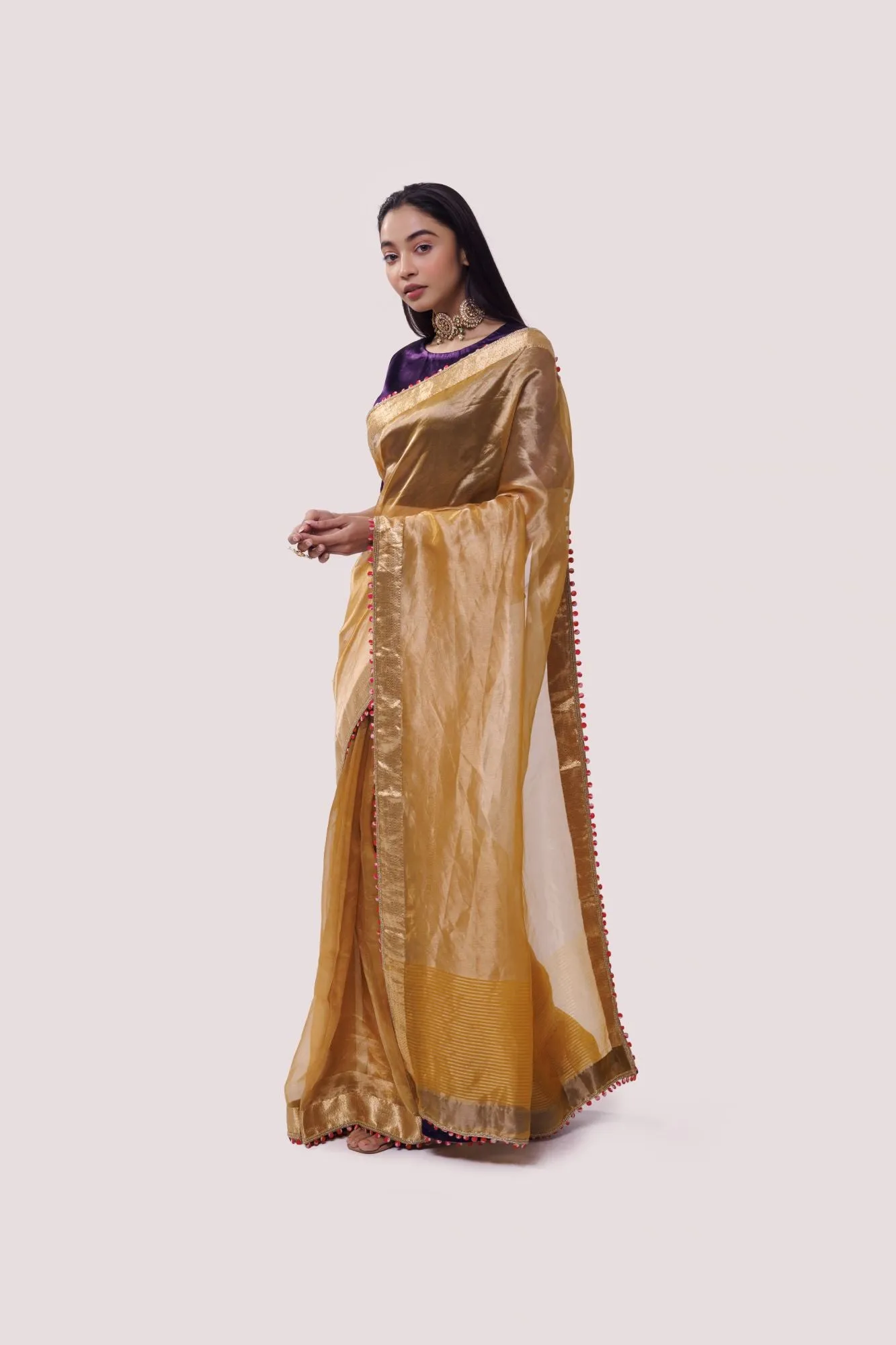 90Z864-RO Mustard Organza Saree with Golden Edges