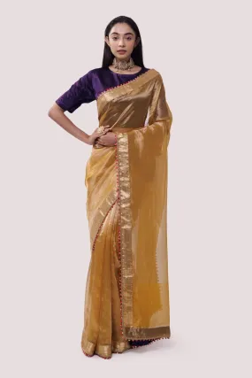 90Z864-RO Mustard Organza Saree with Golden Edges