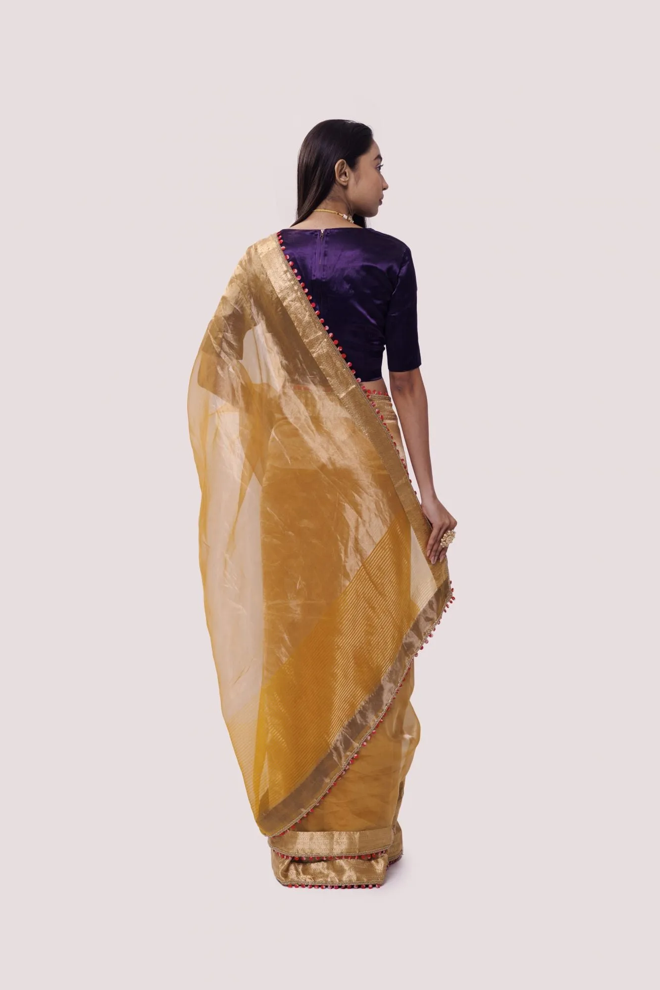 90Z864-RO Mustard Organza Saree with Golden Edges