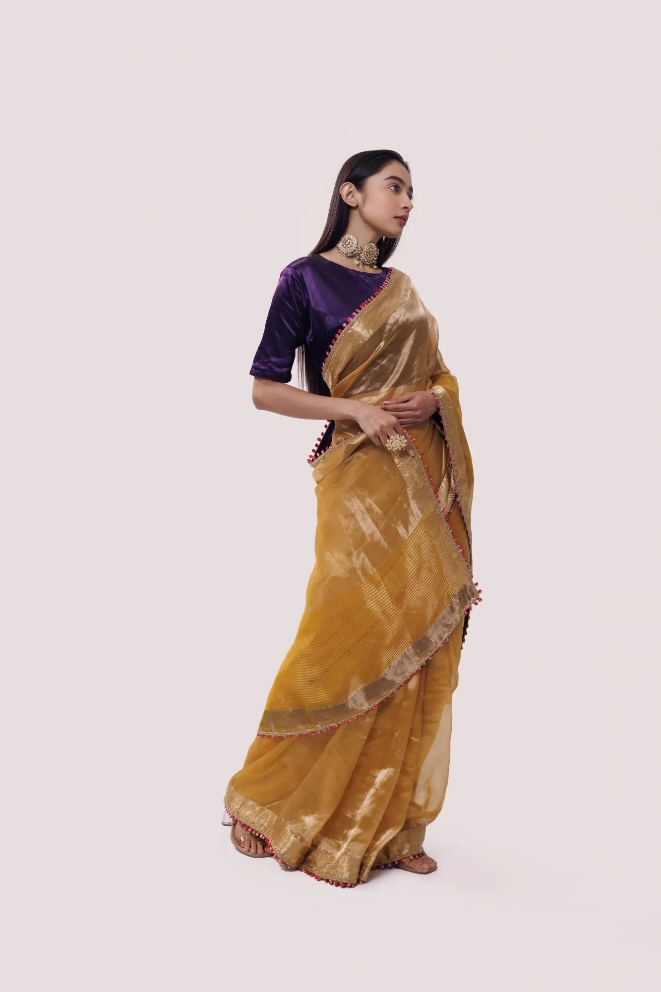 90Z864-RO Mustard Organza Saree with Golden Edges