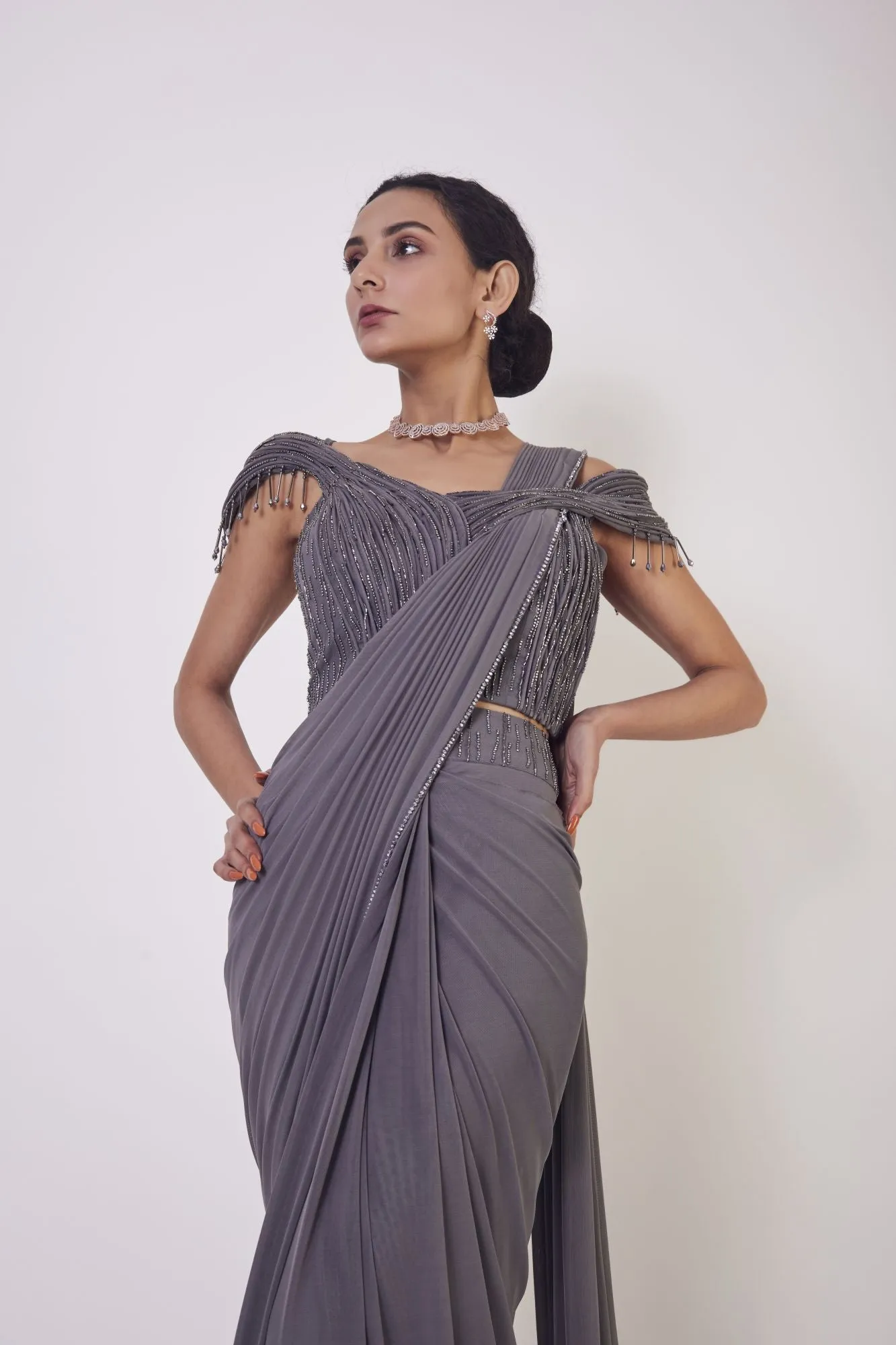 90Z918-RO Grey Cutdana Pre Stiched Saree Set