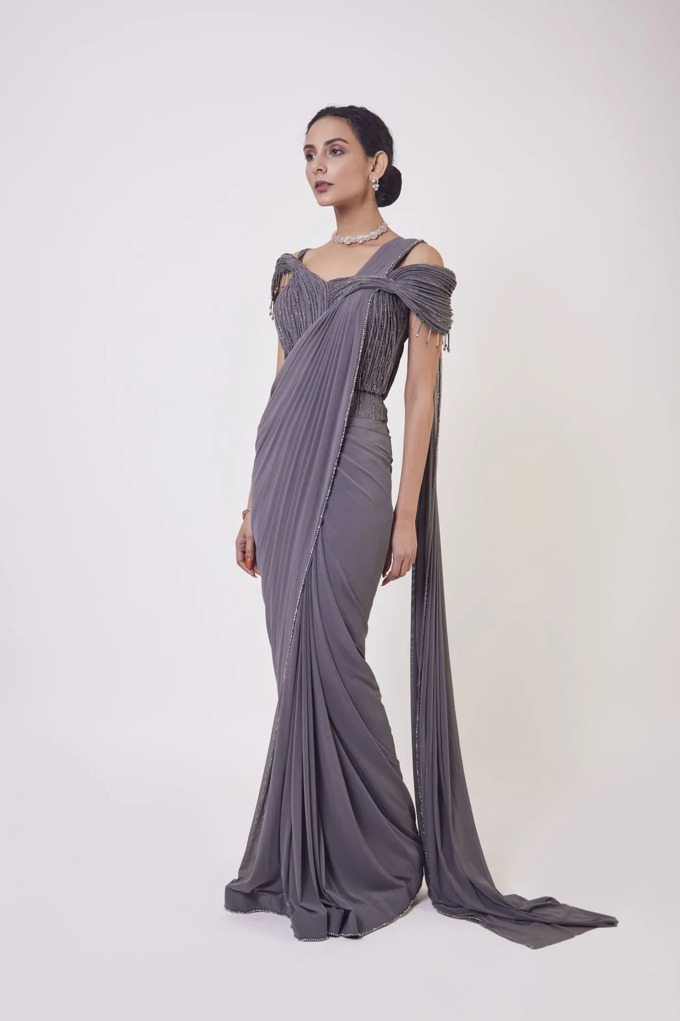 90Z918-RO Grey Cutdana Pre Stiched Saree Set