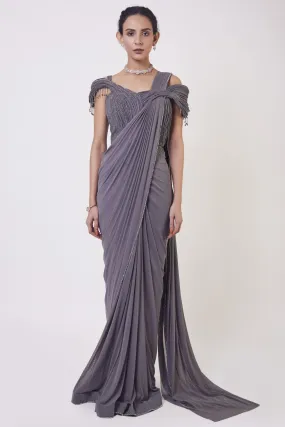 90Z918-RO Grey Cutdana Pre Stiched Saree Set