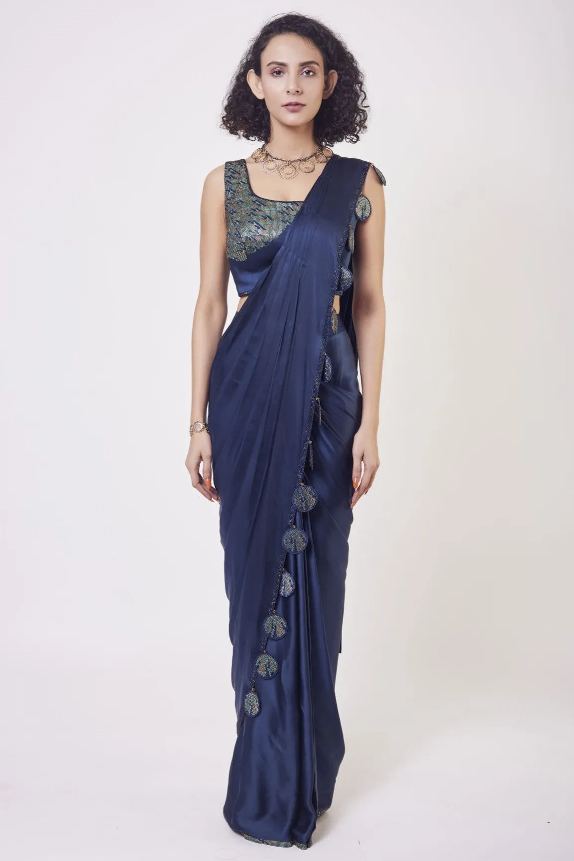 90Z921-RO Navy Blue Satin Pre Stiched Saree Set