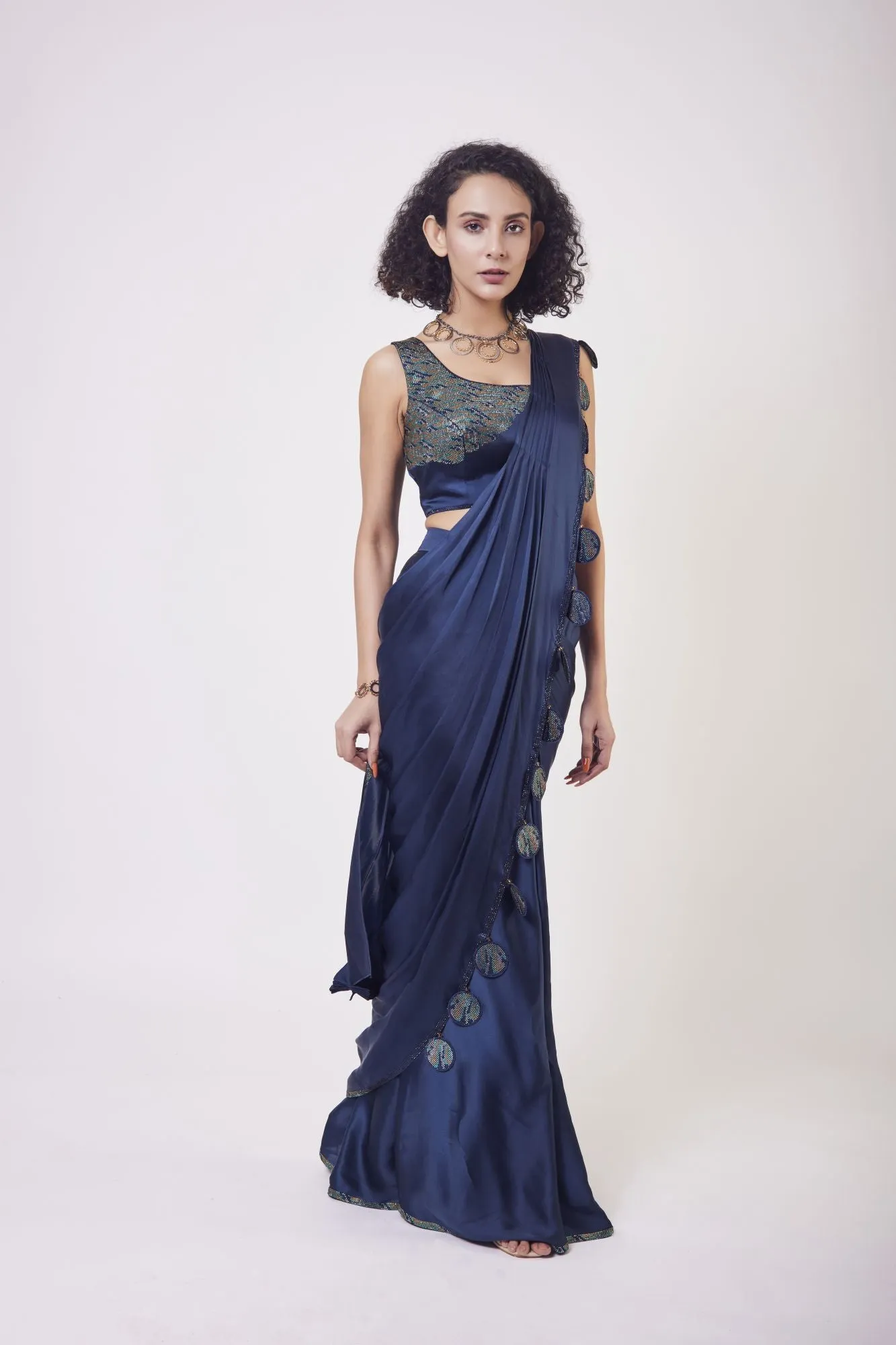 90Z921-RO Navy Blue Satin Pre Stiched Saree Set