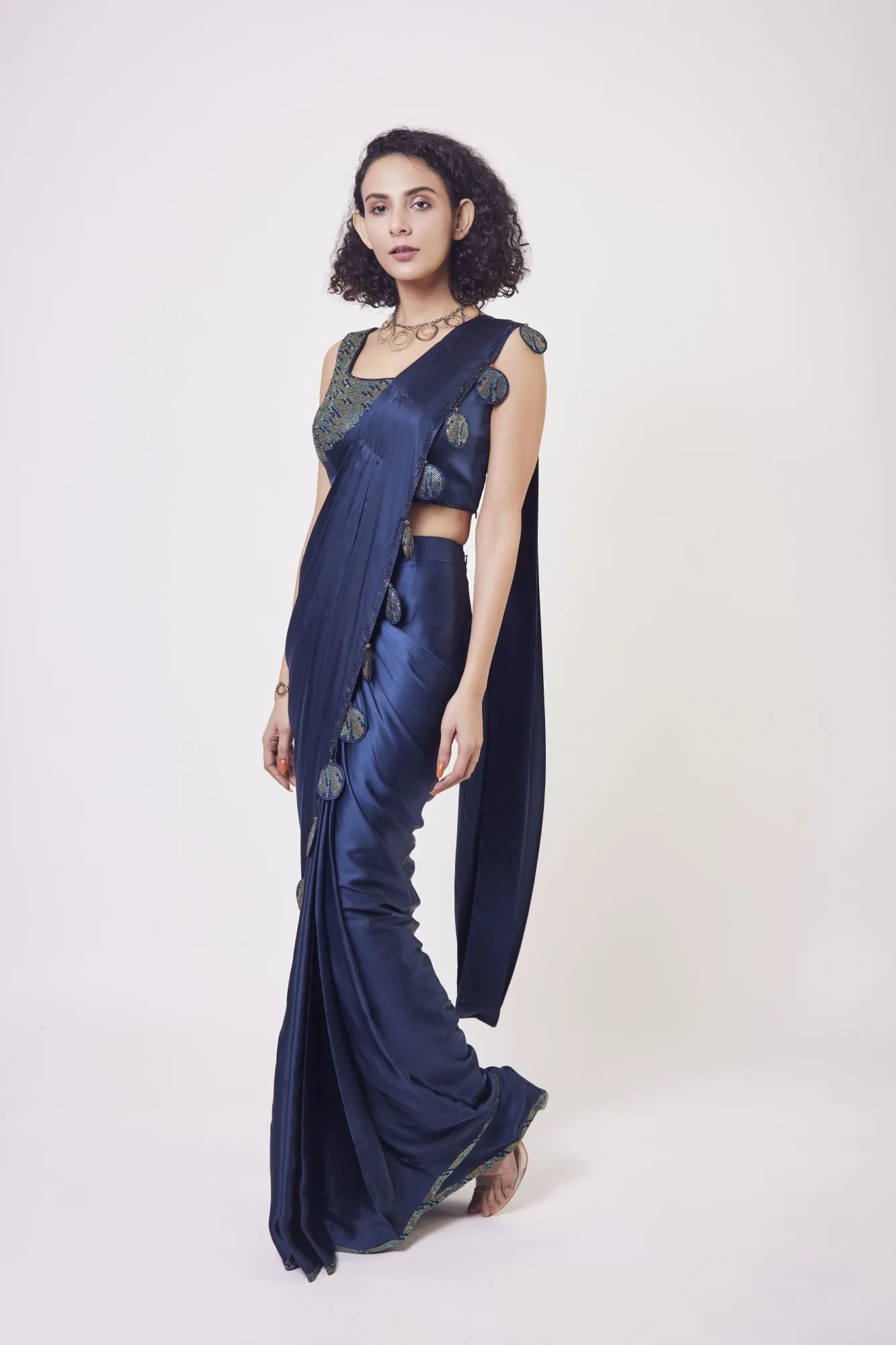 90Z921-RO Navy Blue Satin Pre Stiched Saree Set