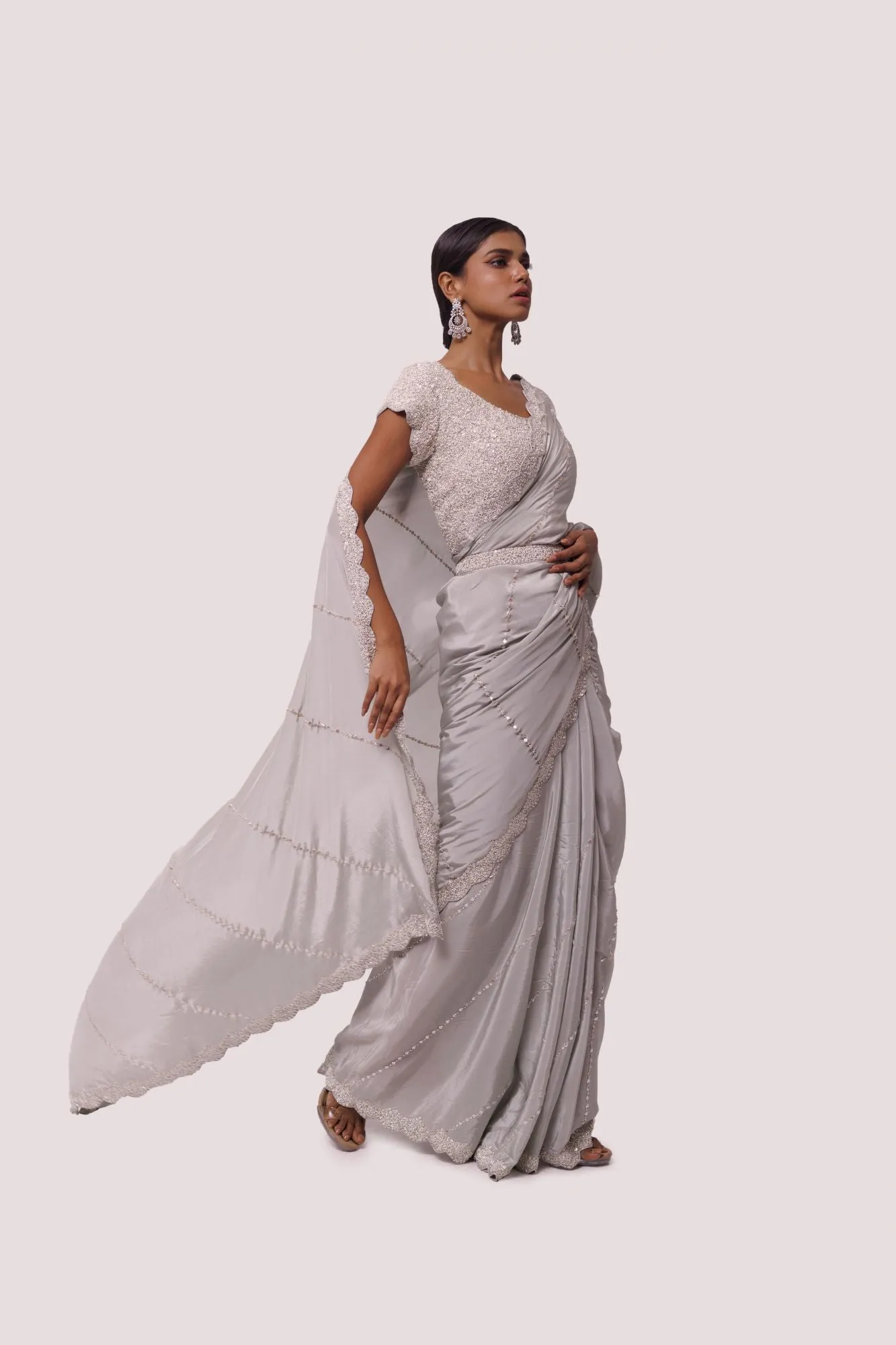 90Z962-RO Grey Pre Stiched Saree With Sequin Embroidery