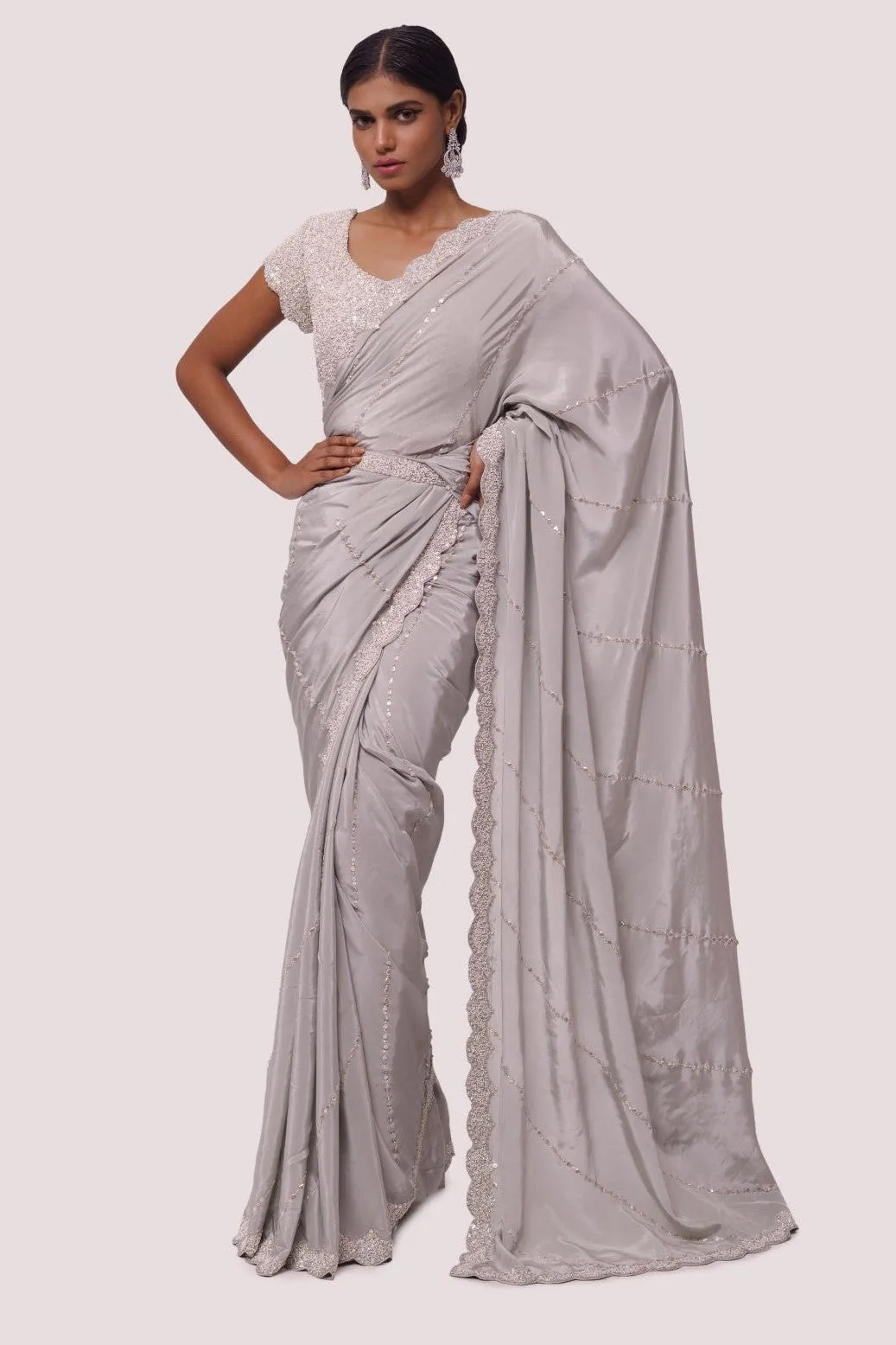 90Z962-RO Grey Pre Stiched Saree With Sequin Embroidery