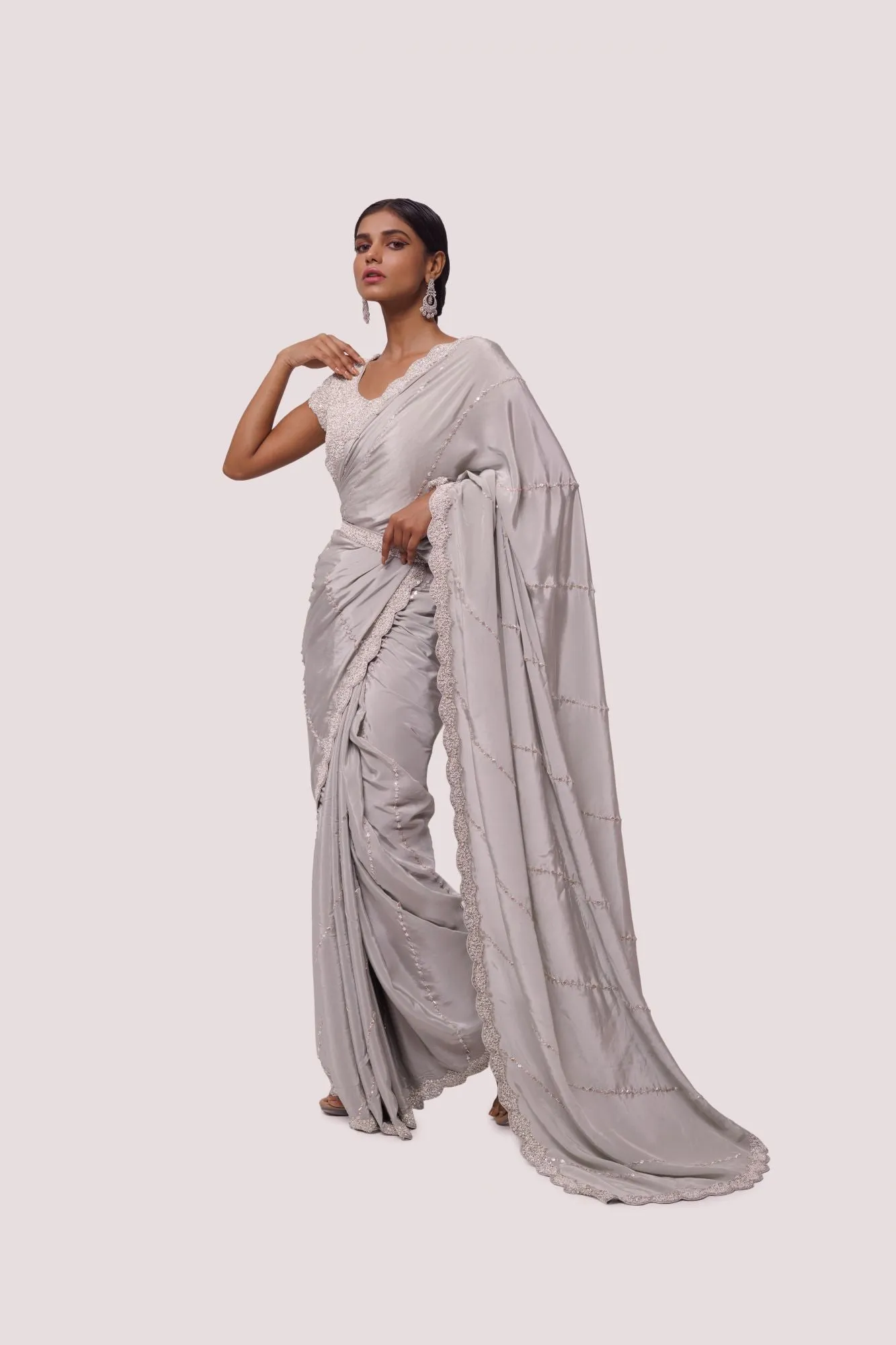 90Z962-RO Grey Pre Stiched Saree With Sequin Embroidery