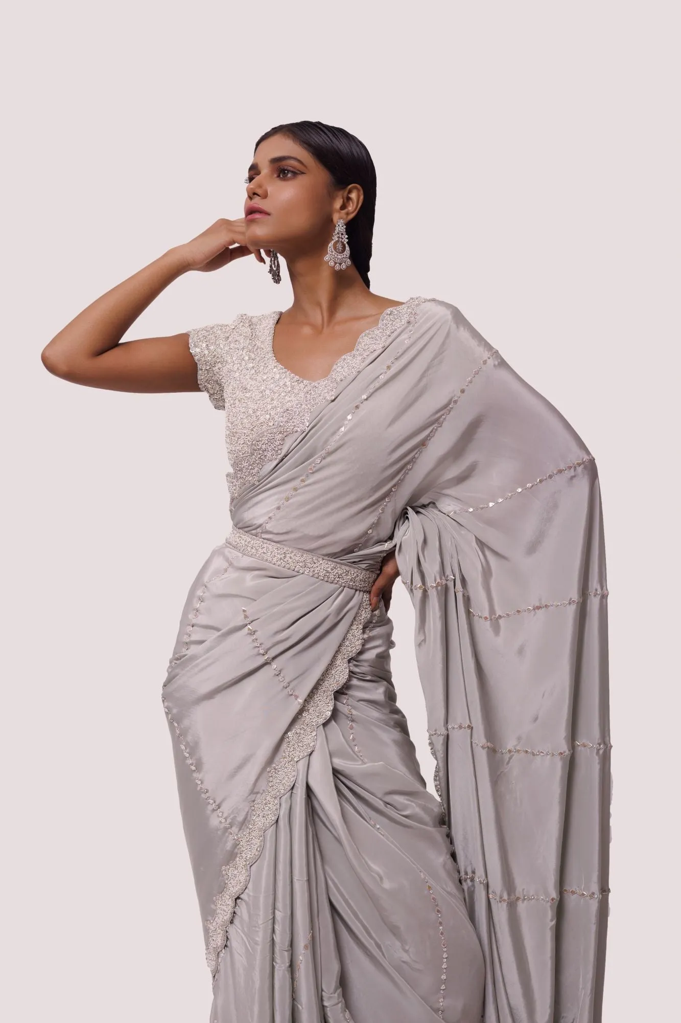 90Z962-RO Grey Pre Stiched Saree With Sequin Embroidery