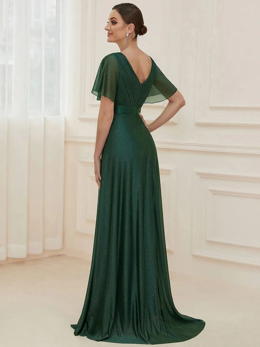 Adorable Plunging V-Neck Ribbon Belt Evening Gown