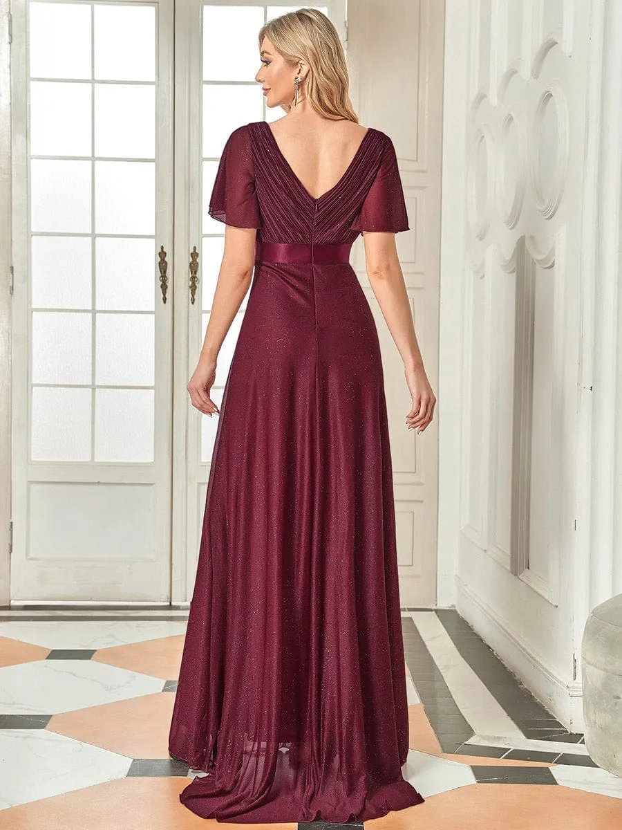 Adorable Plunging V-Neck Ribbon Belt Evening Gown