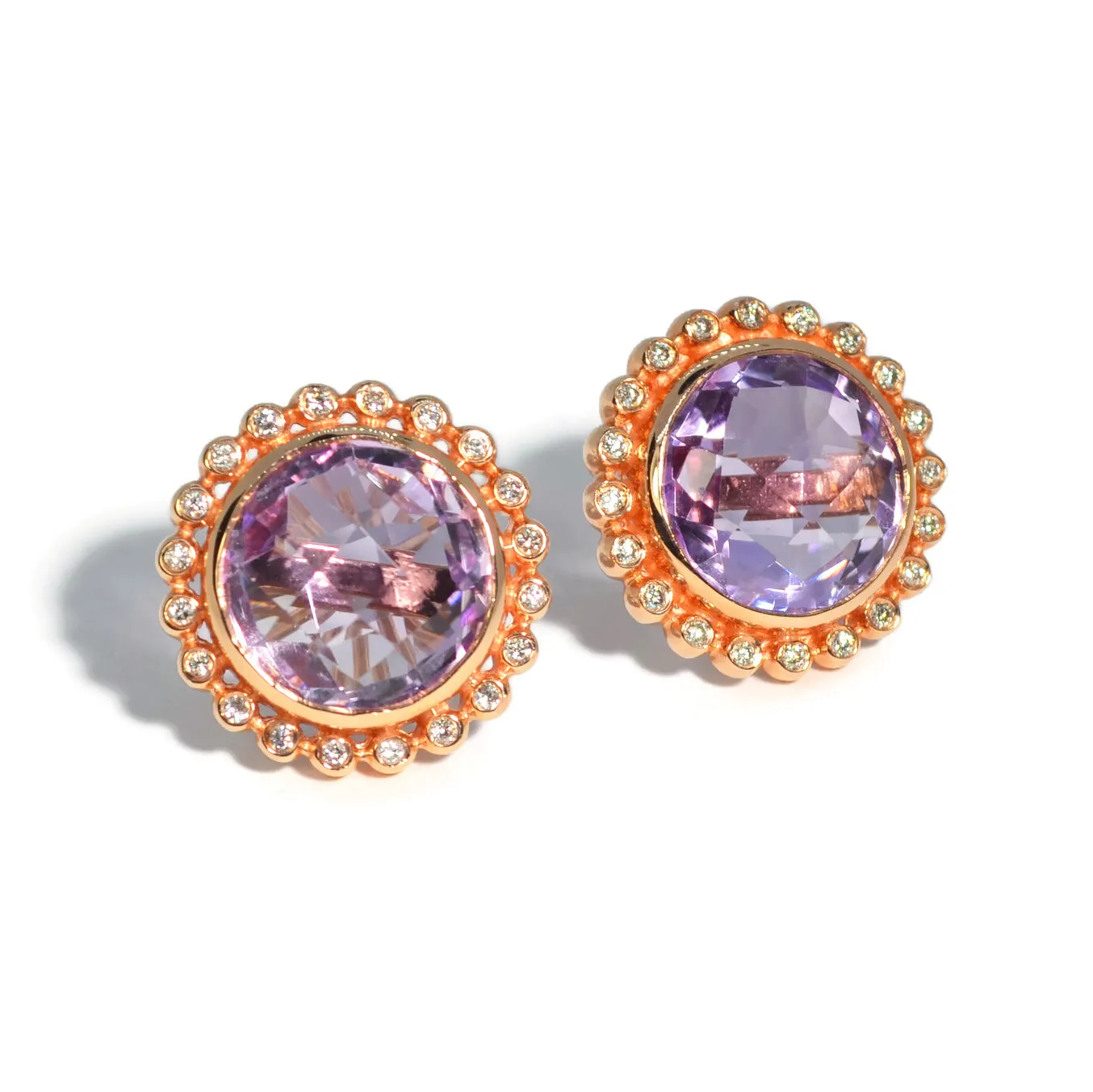 AFJ Gemstone Collection - Button Earrings with Amethyst and Diamonds, Yellow Gold