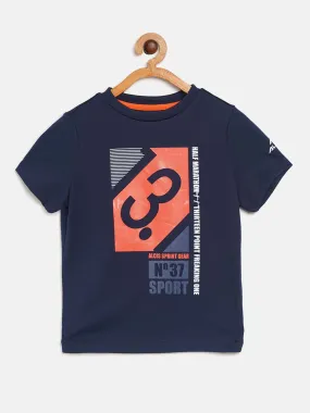 Alcis Boys Navy Blue Orange Graphic Print Round Neck T-shirt