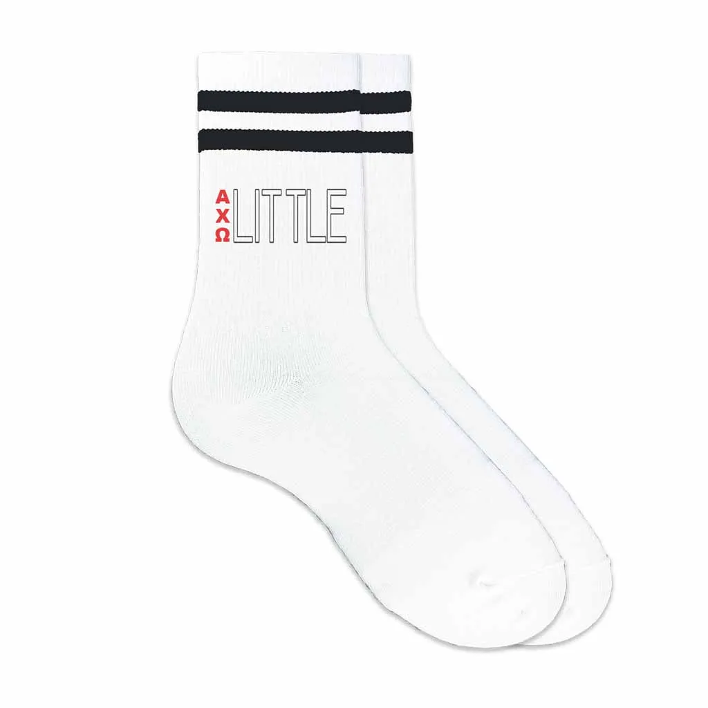 Alpha Chi Omega Sorority Socks for your Big and Little with Greek Letters on Striped Cotton Crew Socks