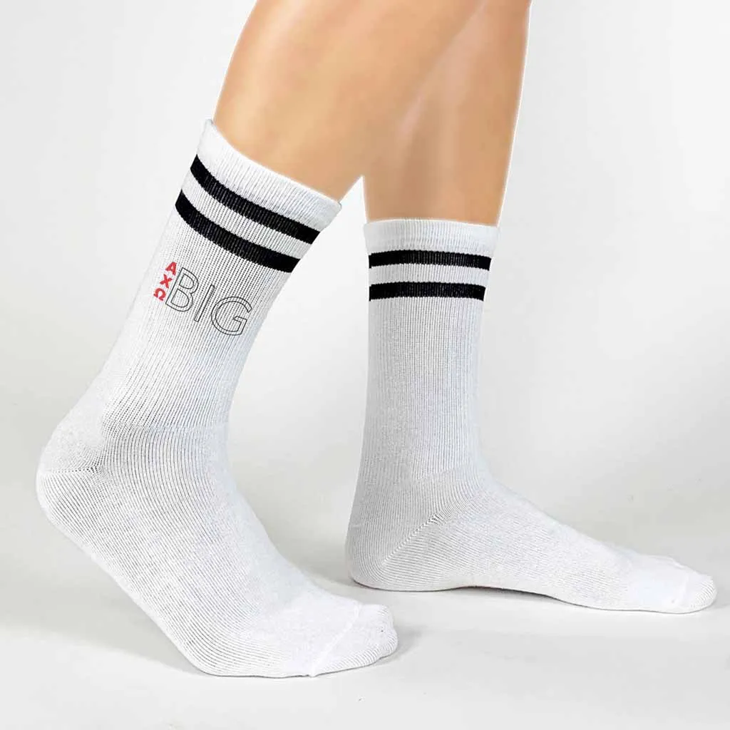 Alpha Chi Omega Sorority Socks for your Big and Little with Greek Letters on Striped Cotton Crew Socks