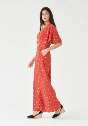 Angel Sleeve Jumpsuit in Red Ditsy Floral - Outlet