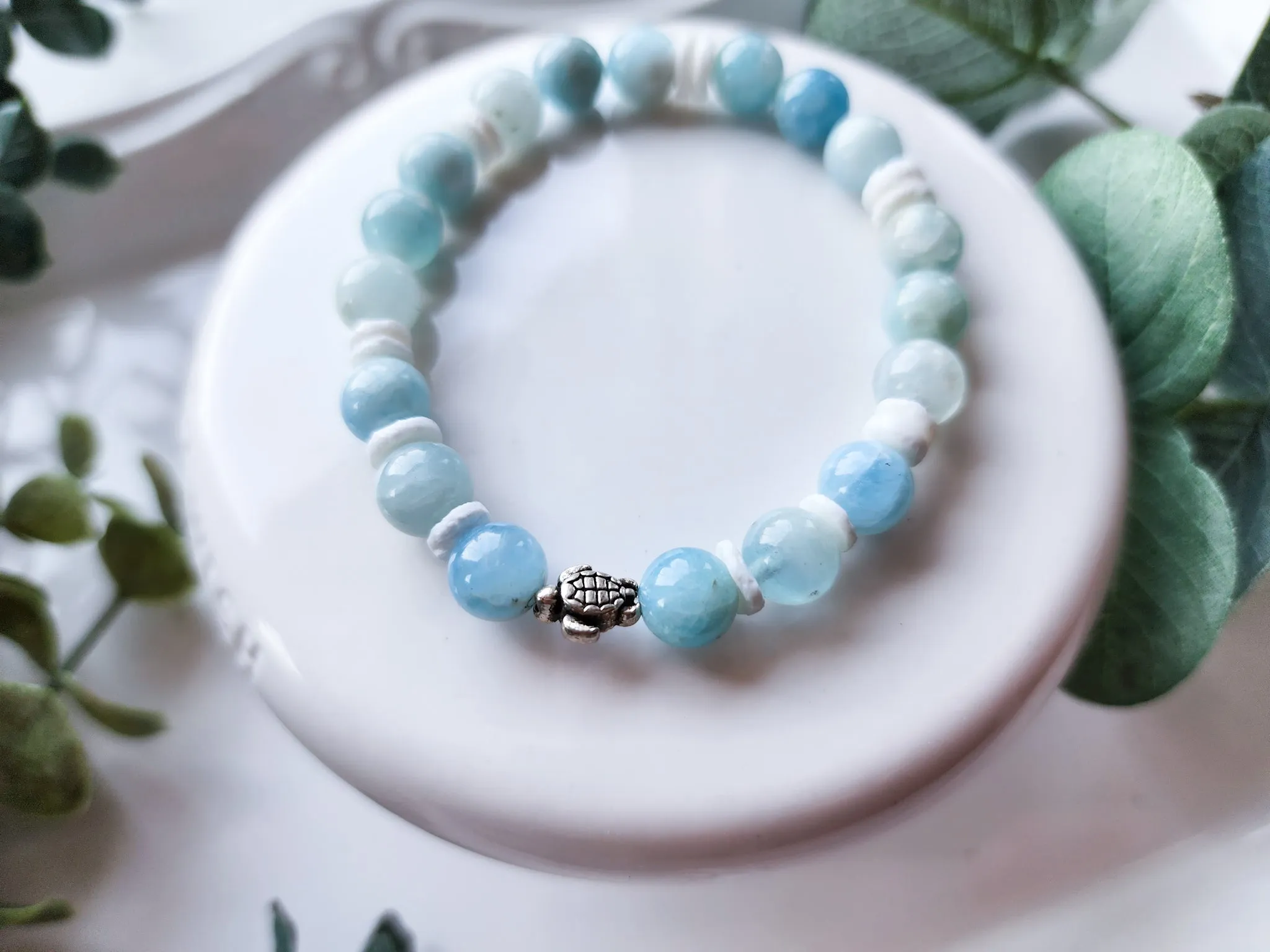 Aquamarine and Puka Shell Beaded Bracelet || Reiki Infused