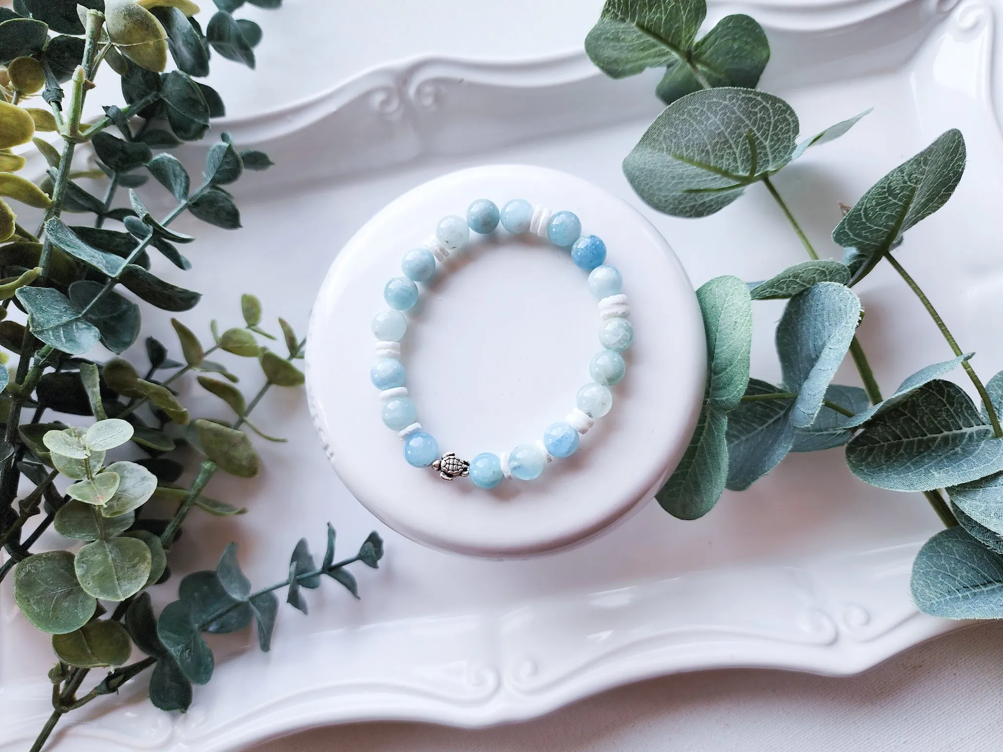 Aquamarine and Puka Shell Beaded Bracelet || Reiki Infused