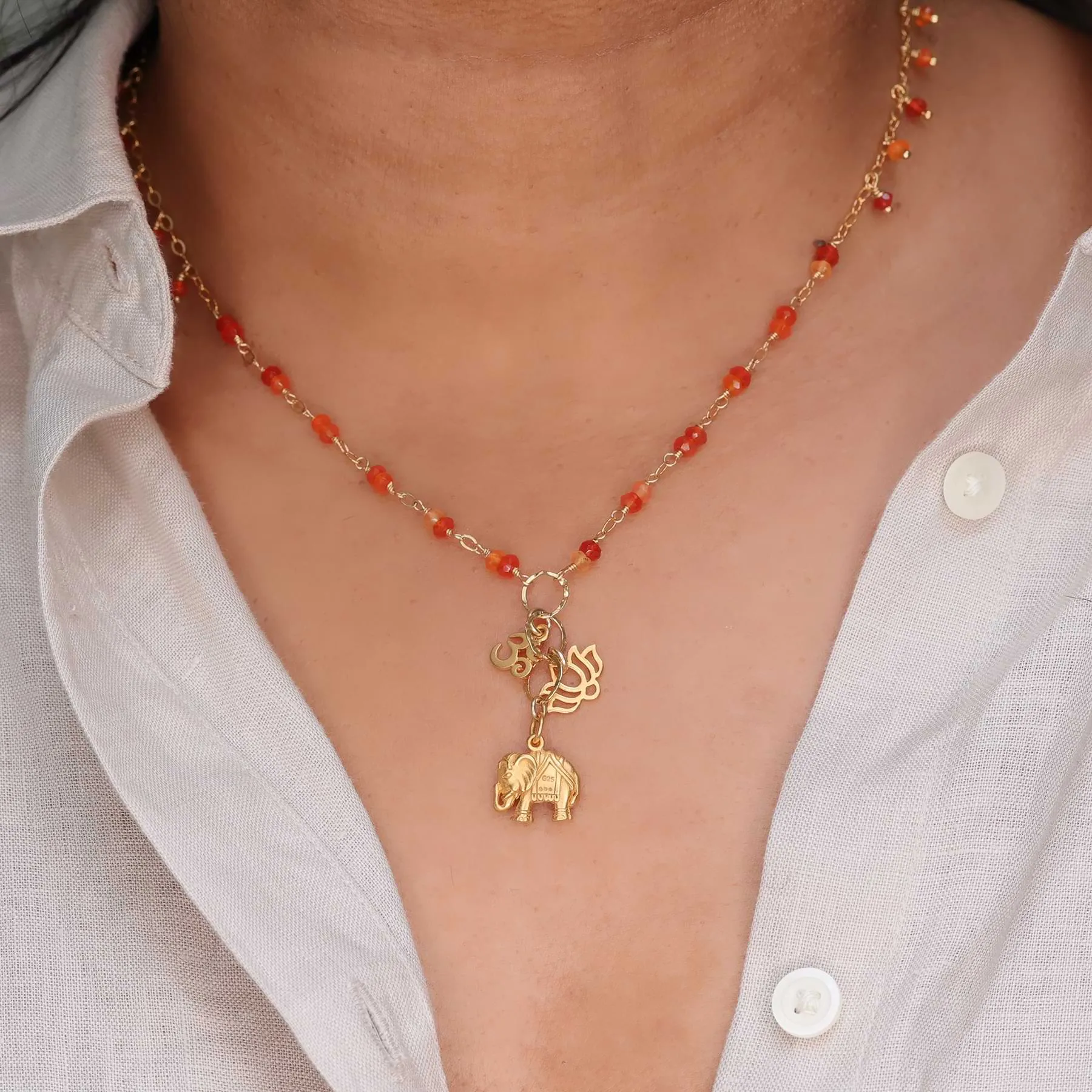 Bali in Bloom - Carnelian Gold Elephant Lotus Om Pendants Necklace