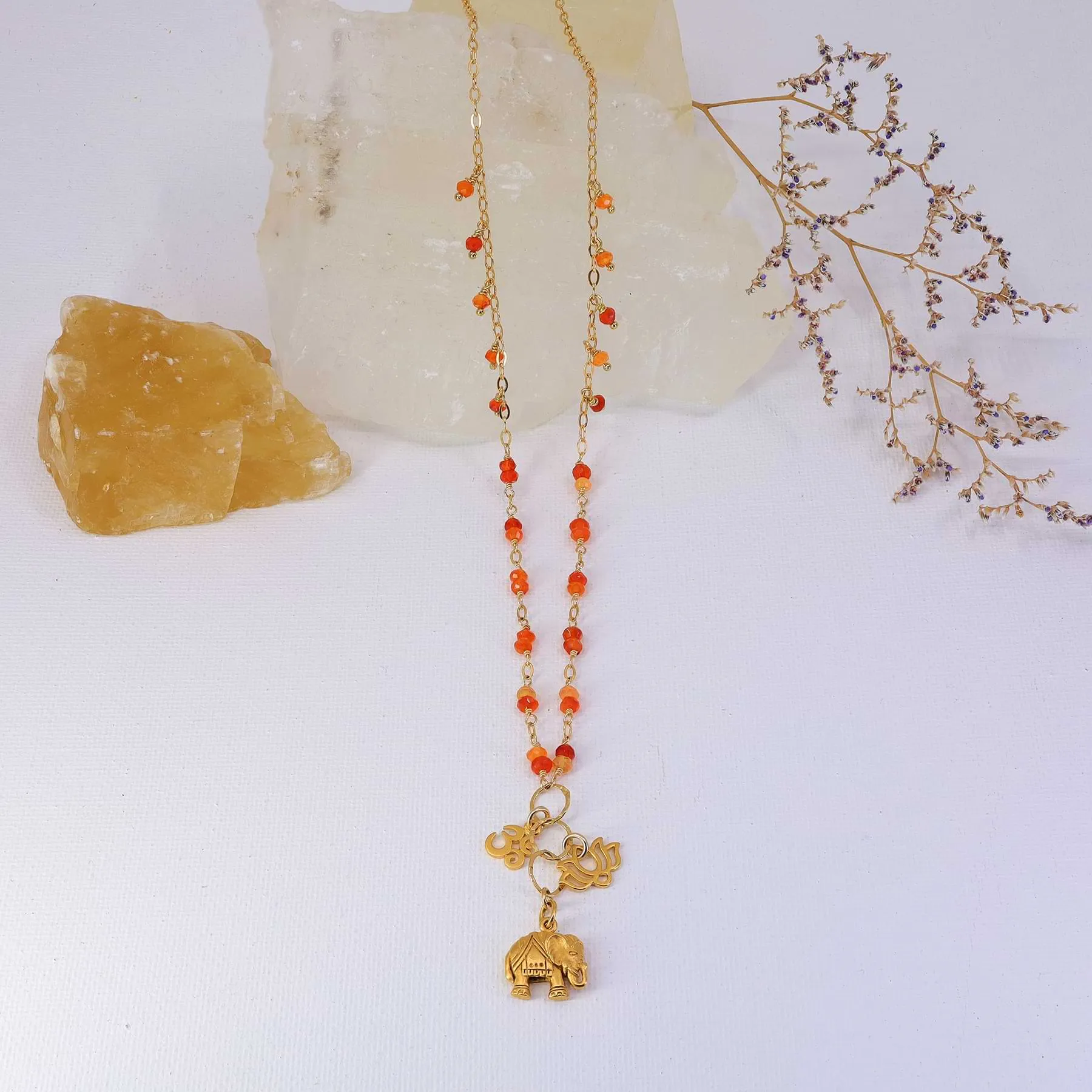 Bali in Bloom - Carnelian Gold Elephant Lotus Om Pendants Necklace