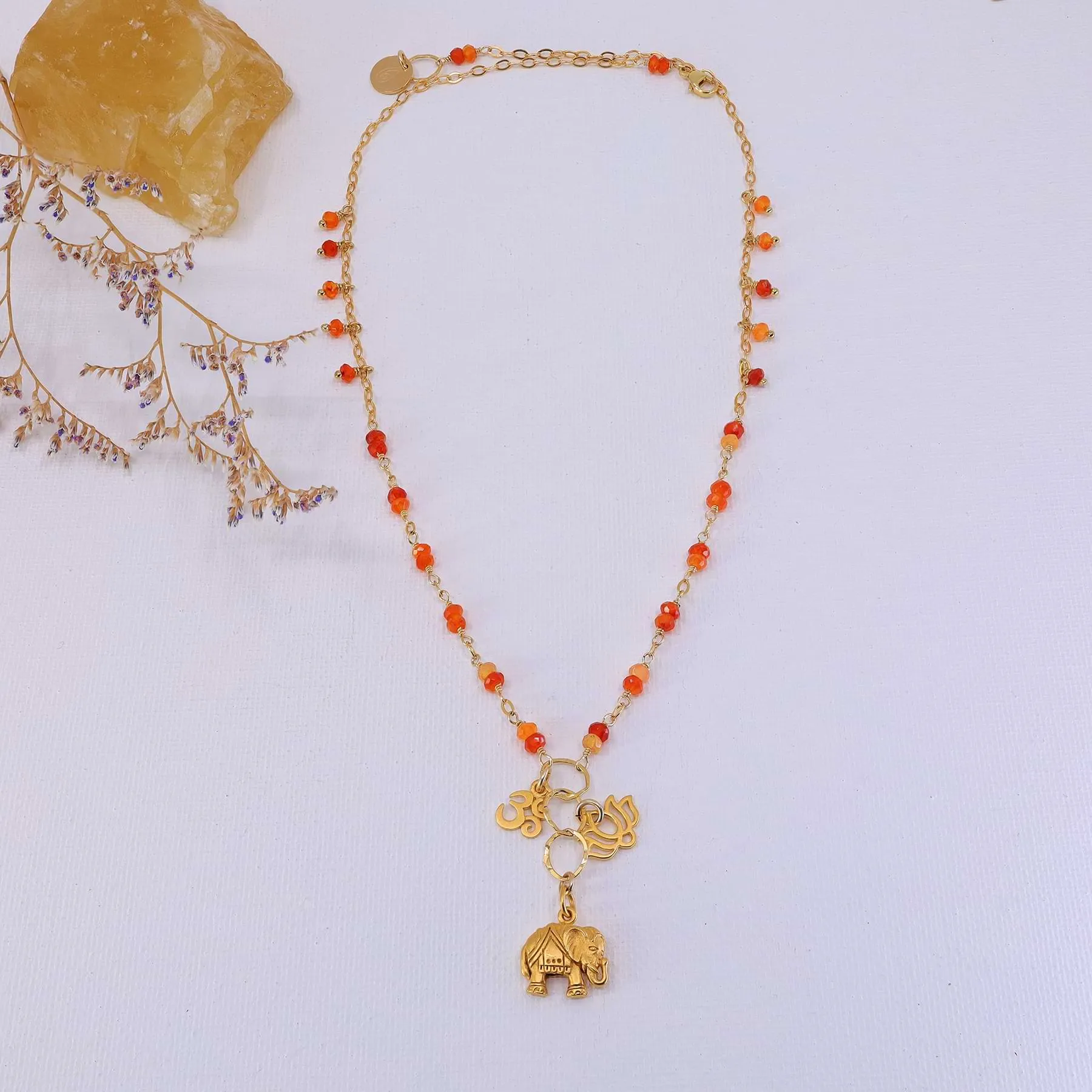 Bali in Bloom - Carnelian Gold Elephant Lotus Om Pendants Necklace