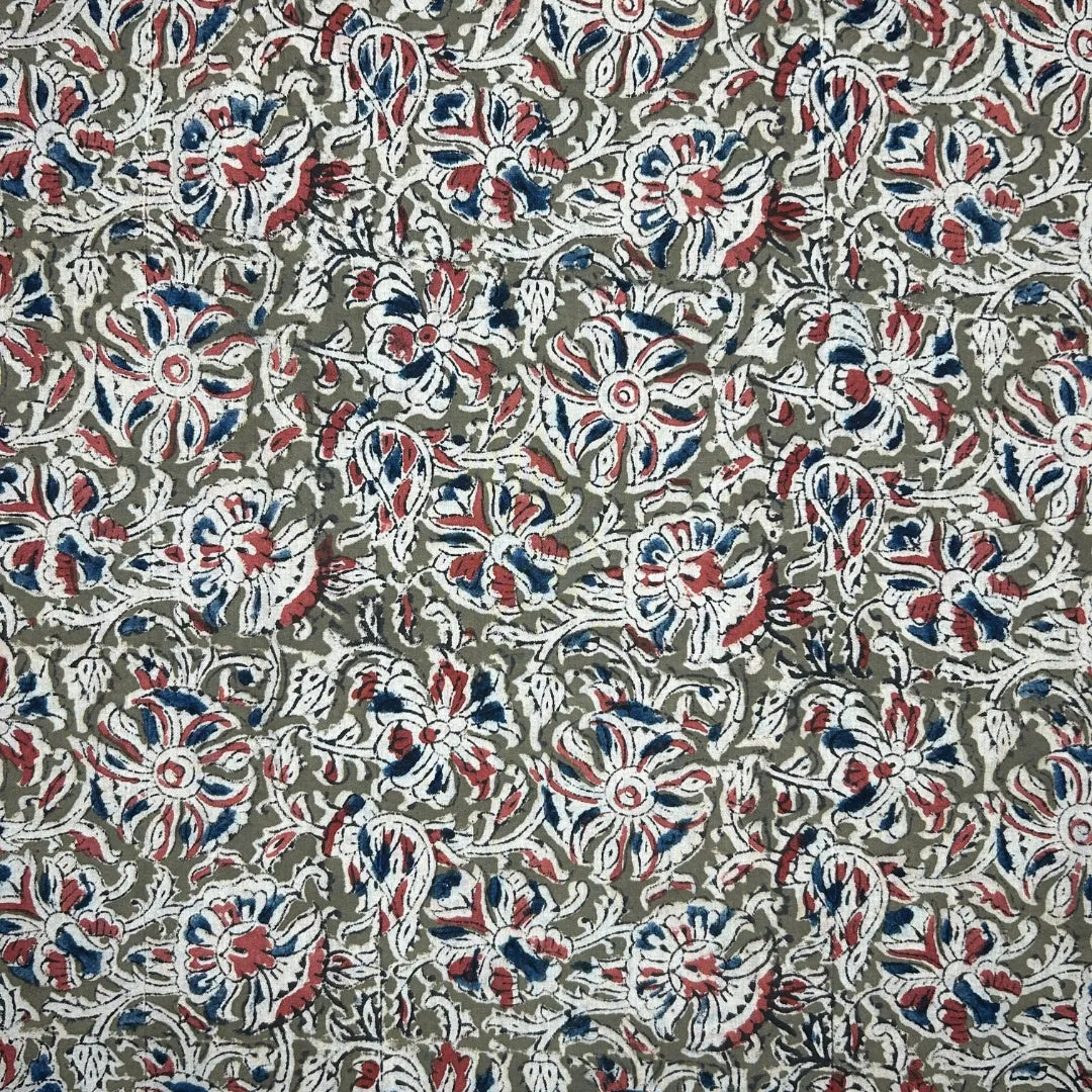 Beige Floral Jaal Kalamkari Hand Block Printed Cotton Fabric