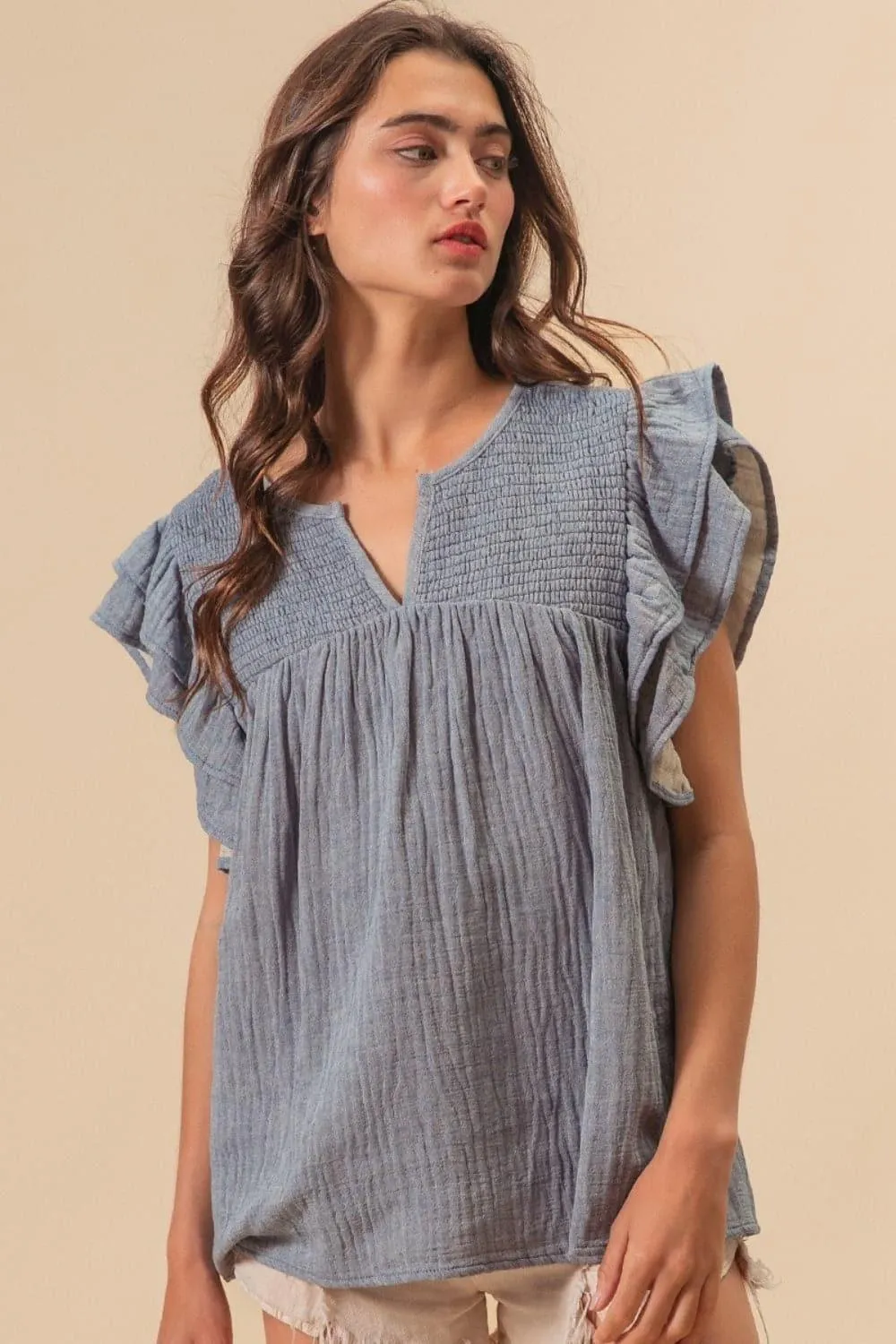 BiBi Textured Ruffled Smocked Blouse