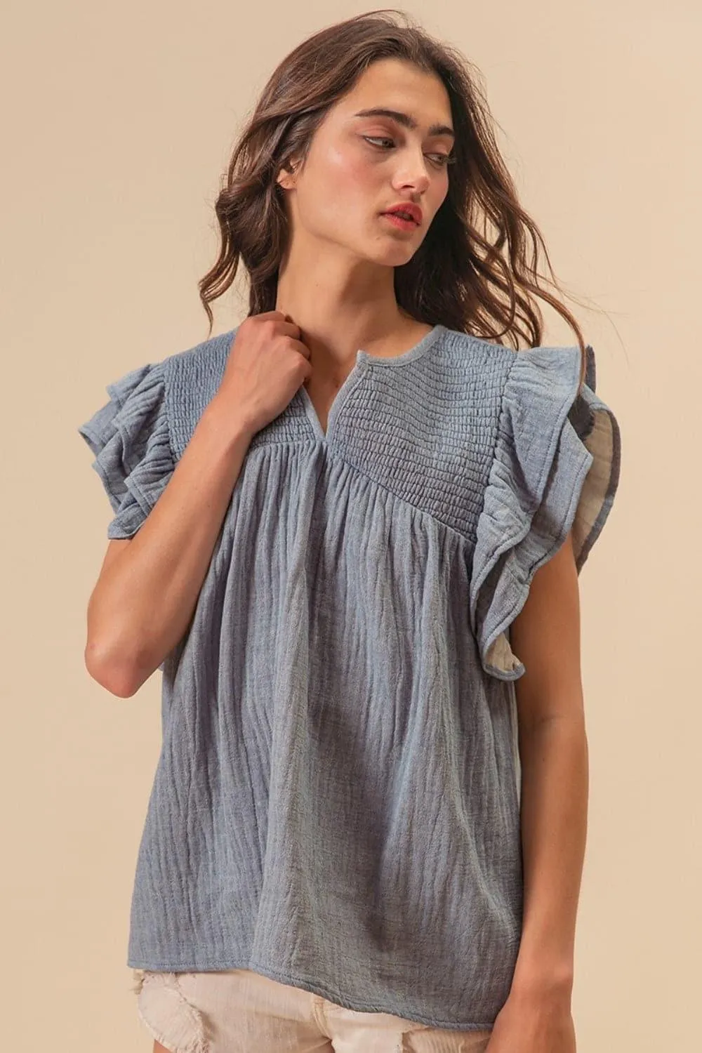 BiBi Textured Ruffled Smocked Blouse