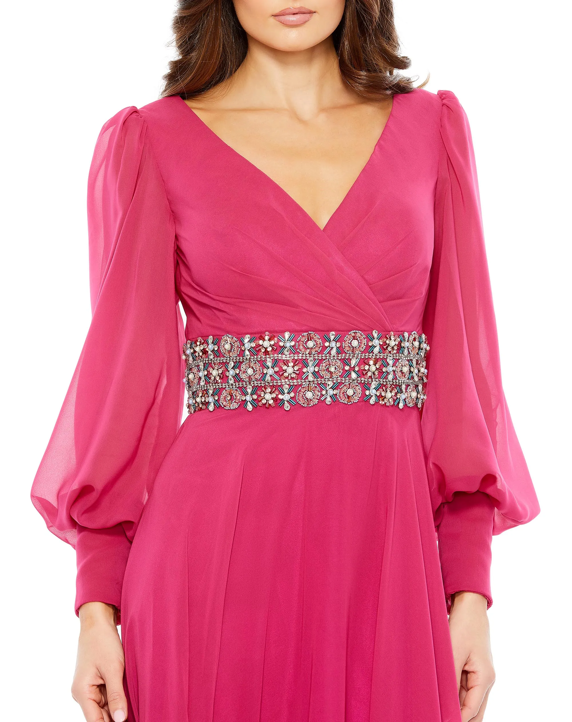 Bishop Sleeve Wrap Over Belt Detail Flowy Gown