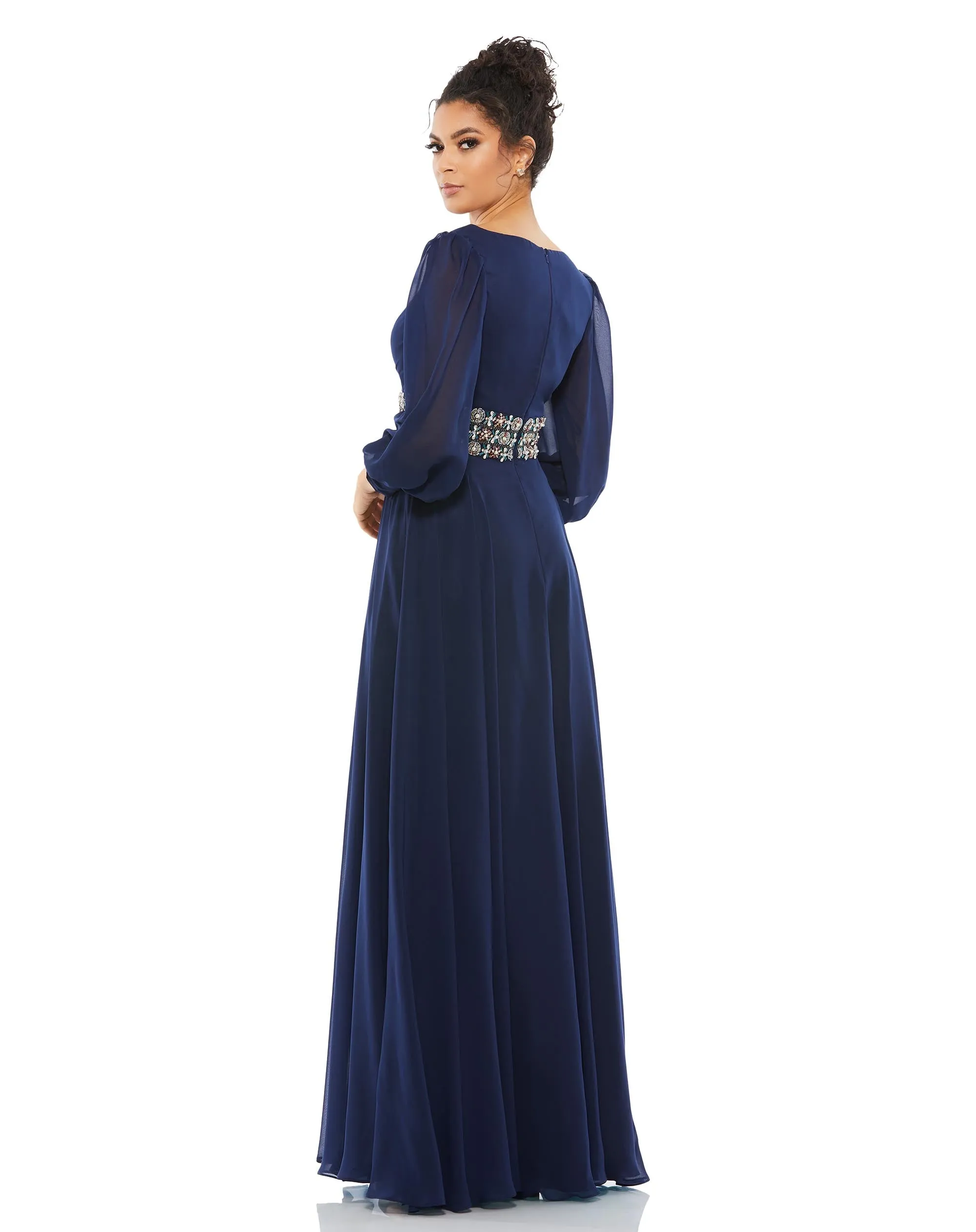 Bishop Sleeve Wrap Over Belt Detail Flowy Gown