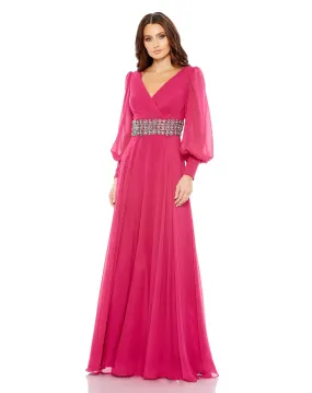 Bishop Sleeve Wrap Over Belt Detail Flowy Gown