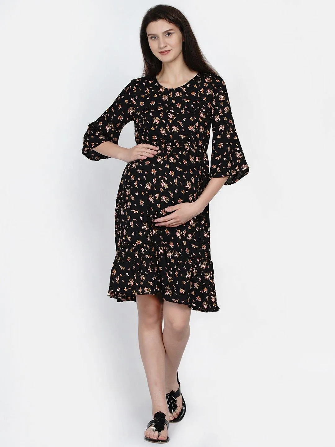 Black Floral Print Maternity and Nursing Midi Dress